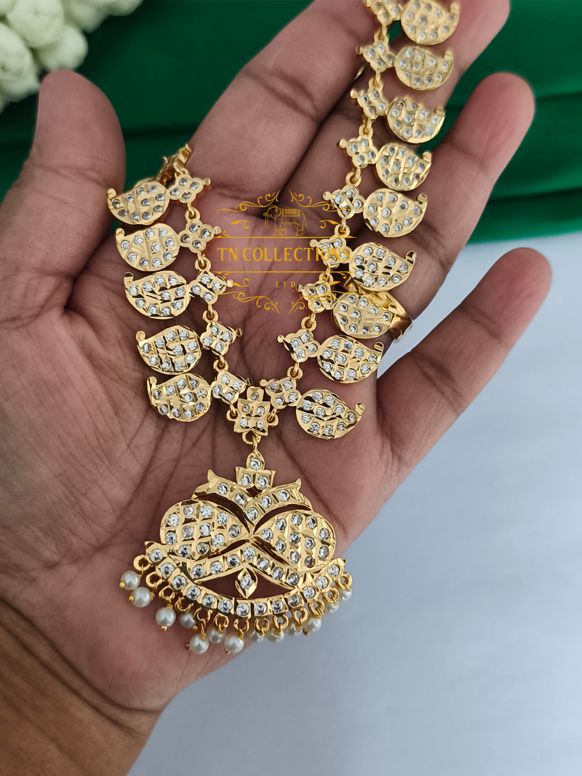 Micro Gold Finish Impon Mango Attiyal (Full White Stones)