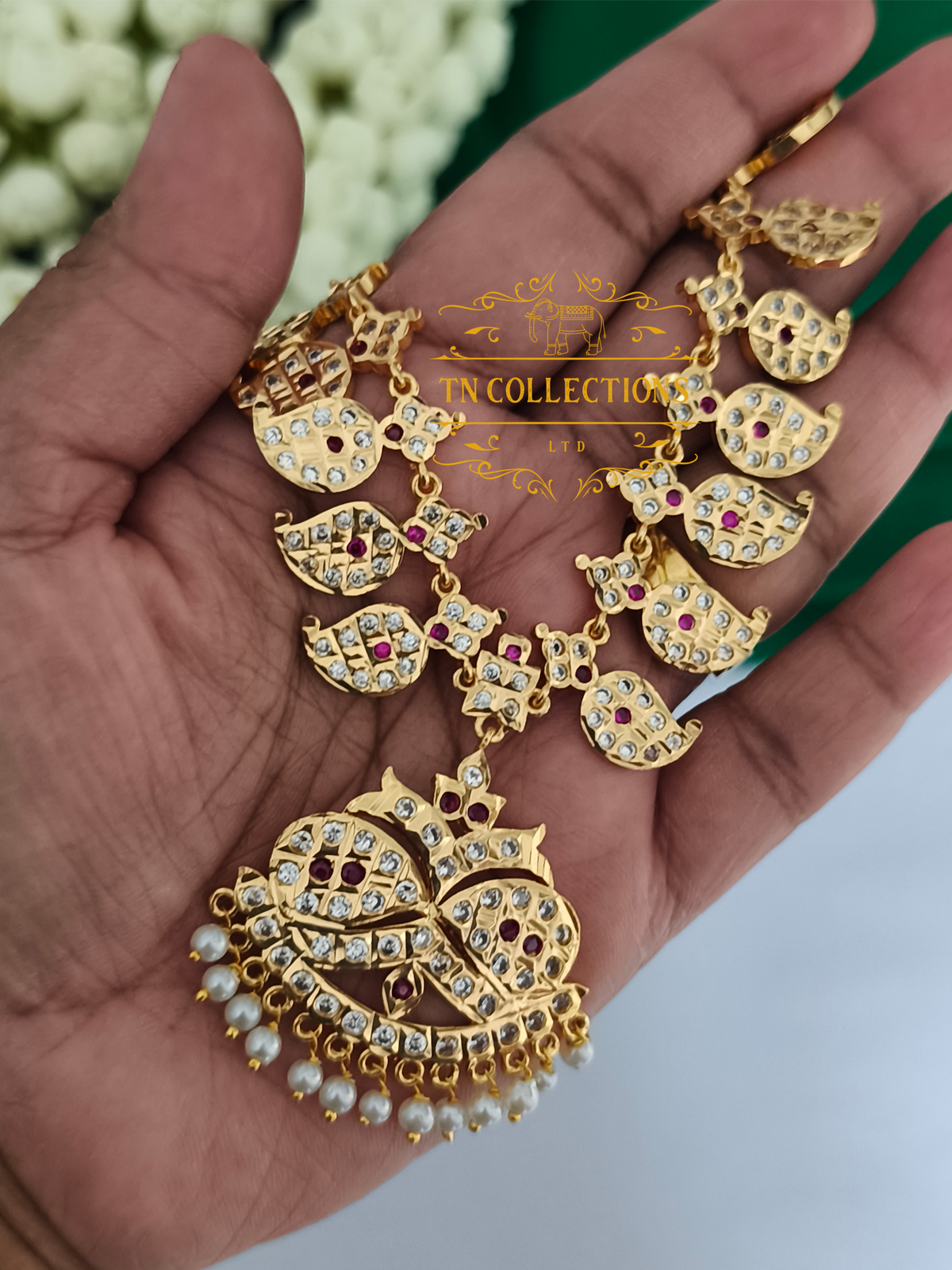 Micro Gold Finish Impon Mango Attiyal (Ruby & White Stones)