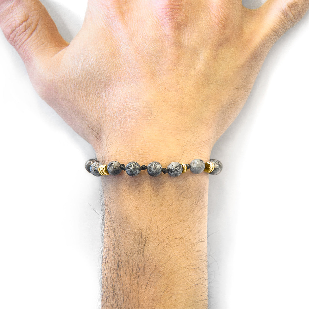 Grey Jasper Agaya 9ct Yellow Gold and Stone Beaded Macrame Bracelet