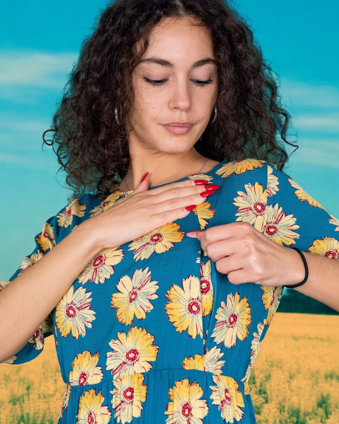 The Midi Breastfeeding Dress - Blue Sunflower Cotton