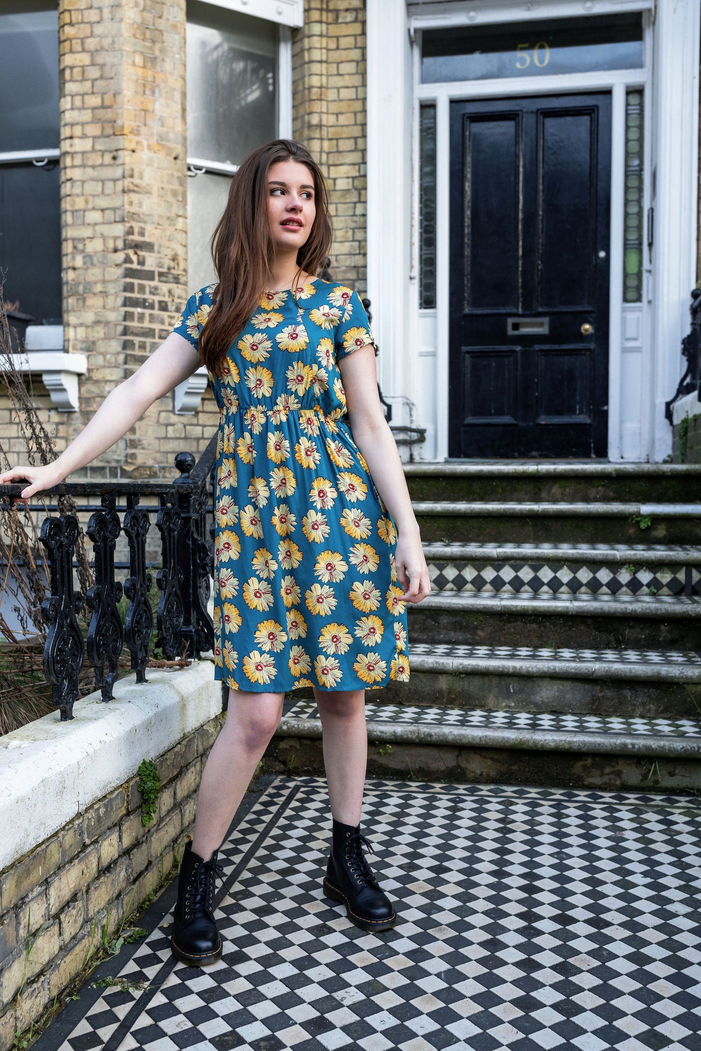 The Knee Length Breastfeeding Dress - Blue Sunflower Cotton