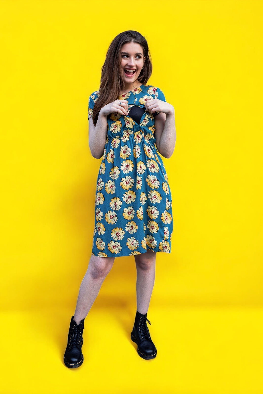 The Knee Length Breastfeeding Dress - Blue Sunflower Cotton
