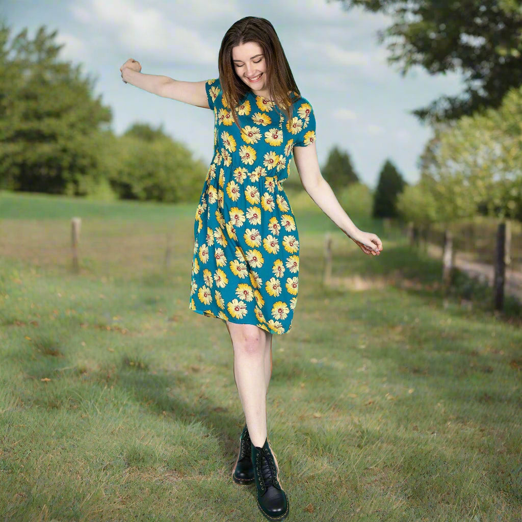 The Knee Length Breastfeeding Dress - Blue Sunflower Cotton