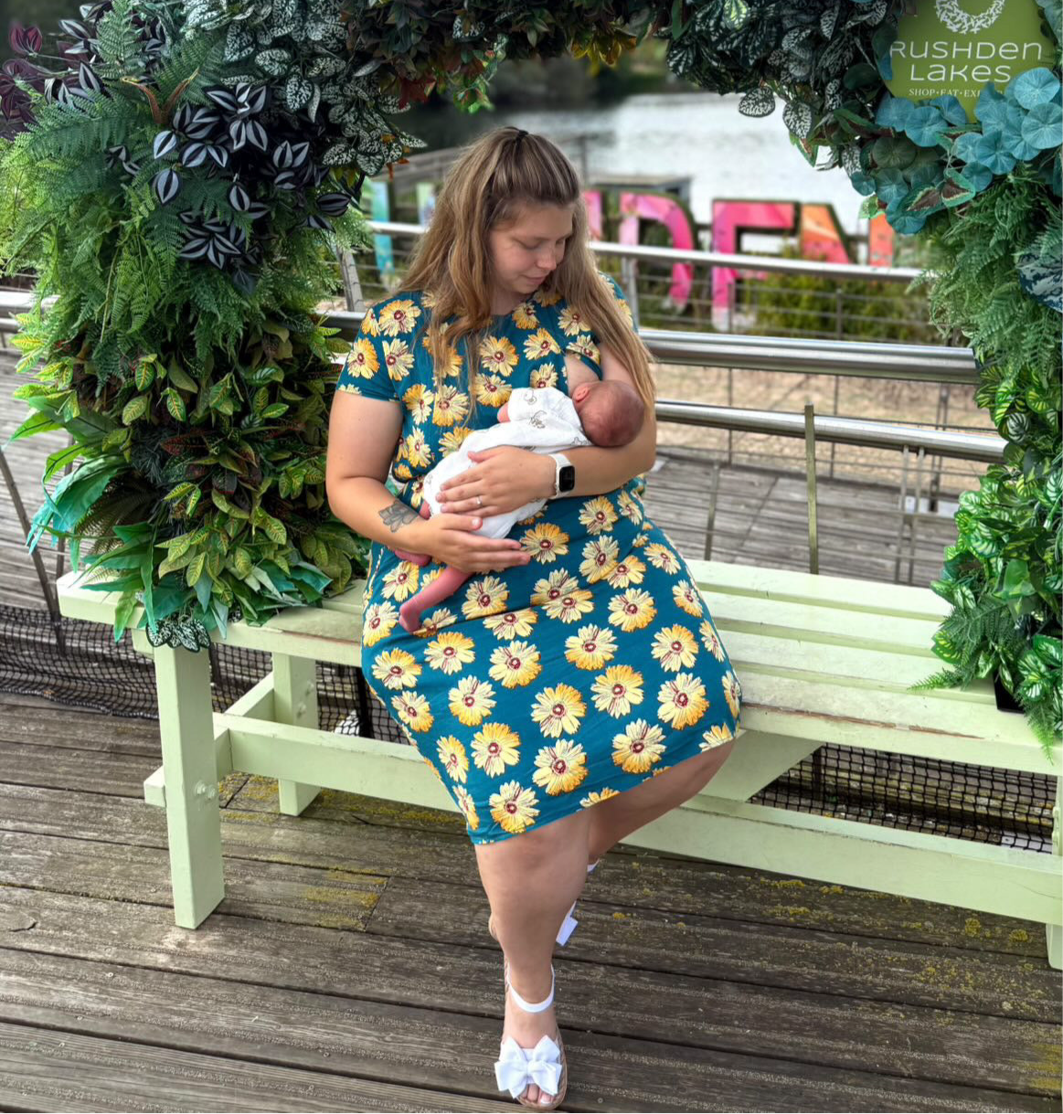 The Knee Length Breastfeeding Dress - Blue Sunflower Cotton