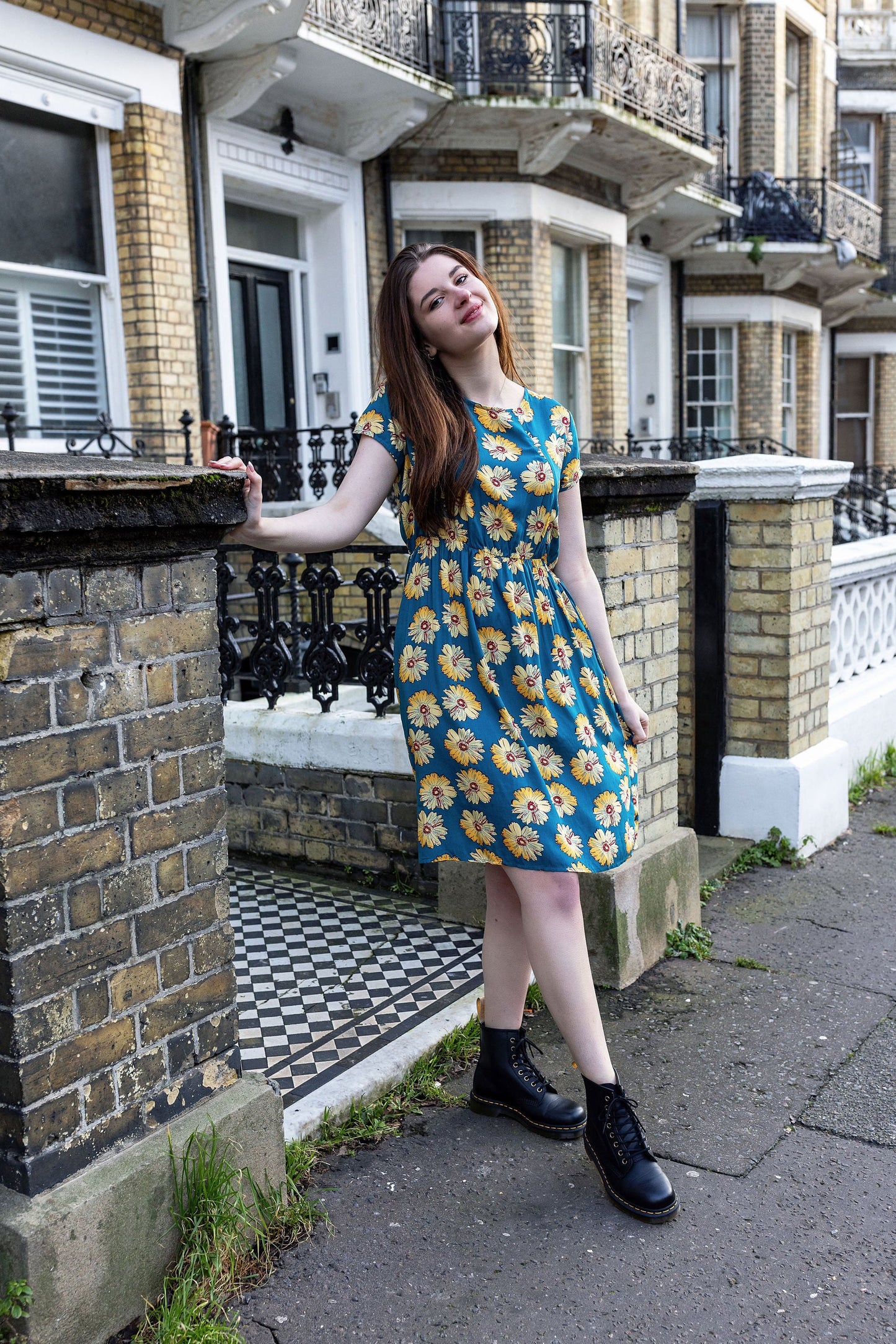 The Knee Length Breastfeeding Dress - Blue Sunflower Cotton