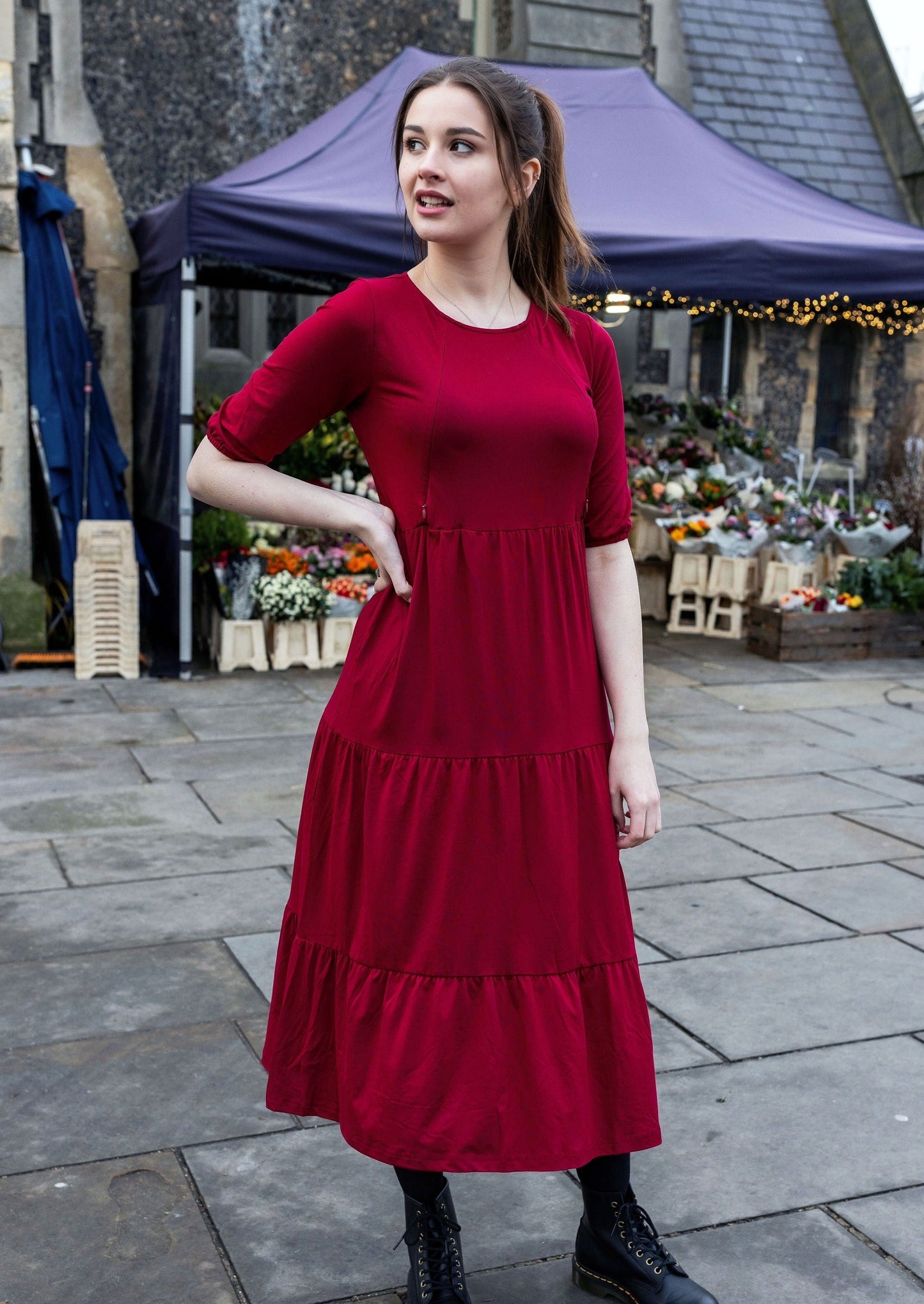 The Midi Breastfeeding Dress - Burgundy Pre Order