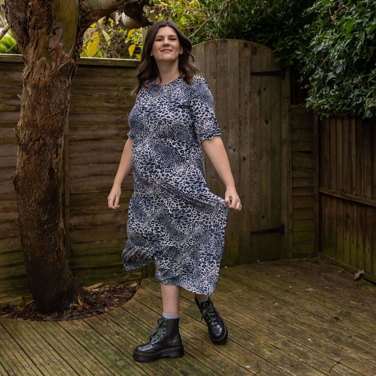 The Midi Breastfeeding Dress - Grey Leopard Cotton