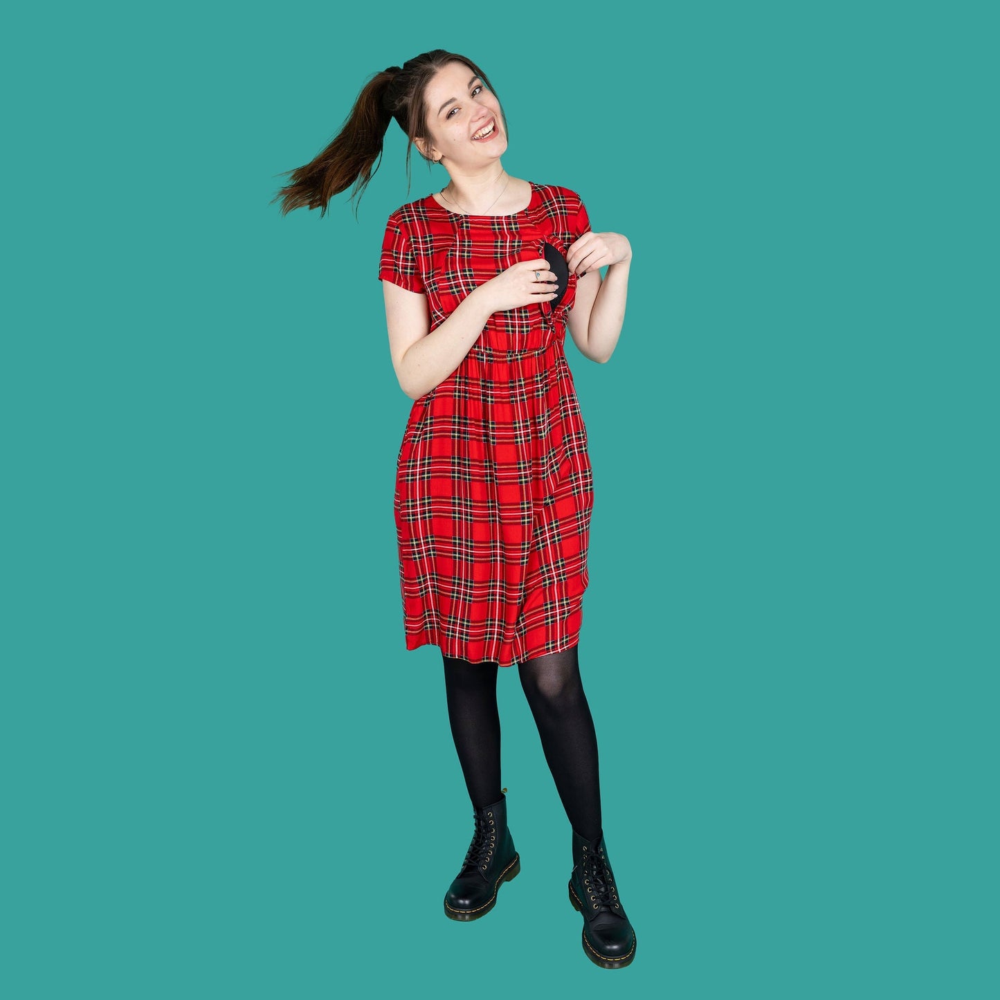 The Knee Length Breastfeeding Dress - Red Tartan Cotton