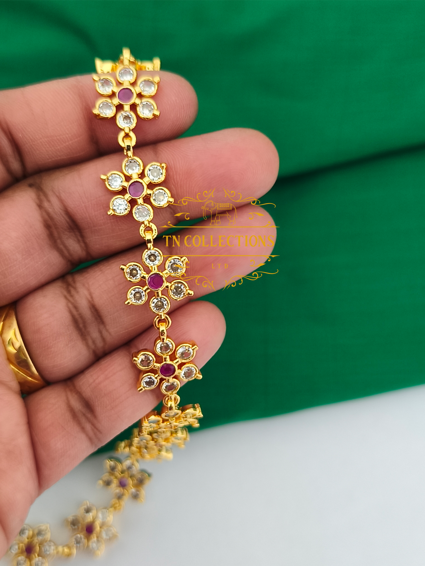 Micro Gold-Plated Floral Choker Necklace (Ruby & White stones)