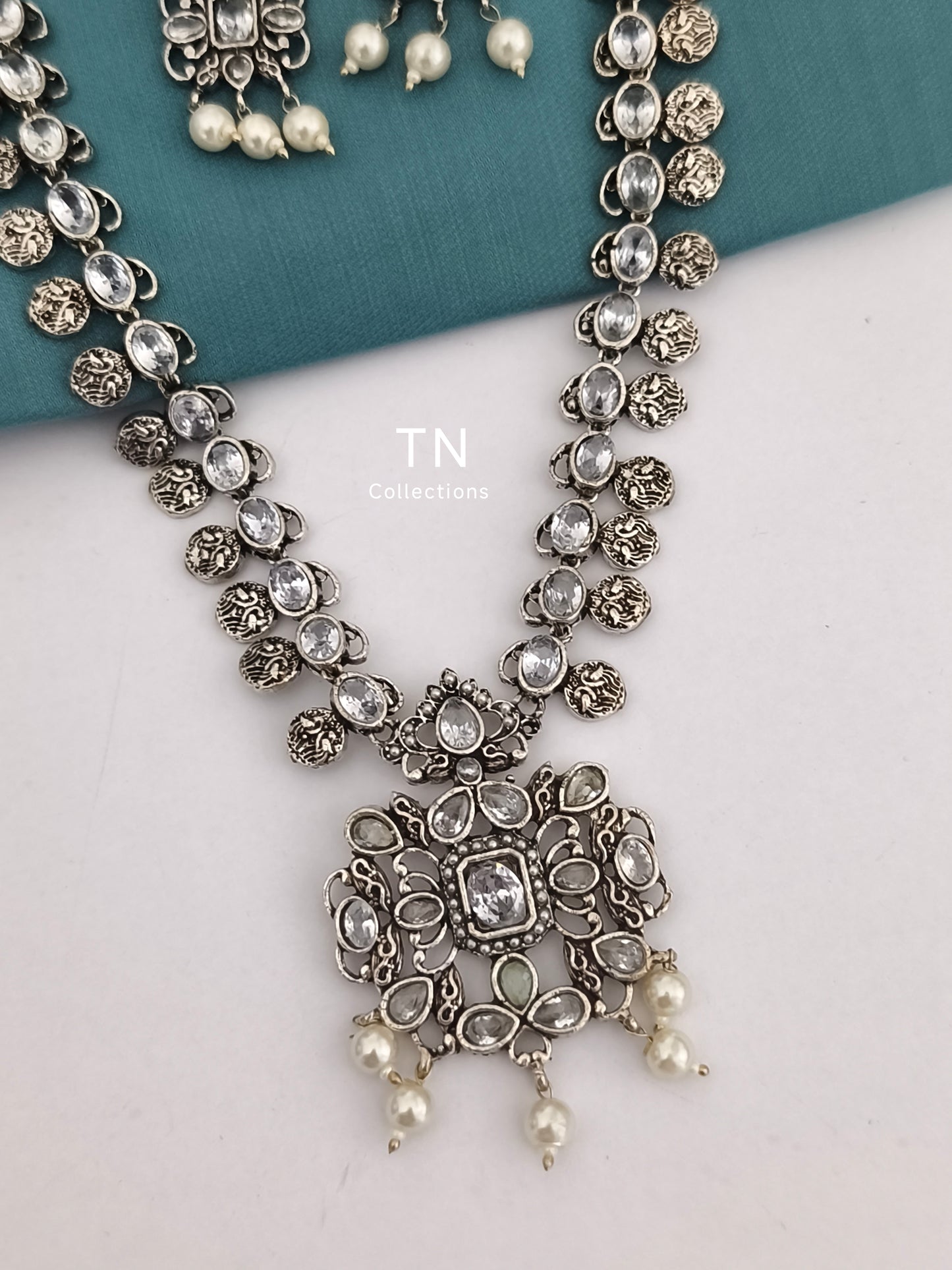 Oxidised Necklace Set- White stone