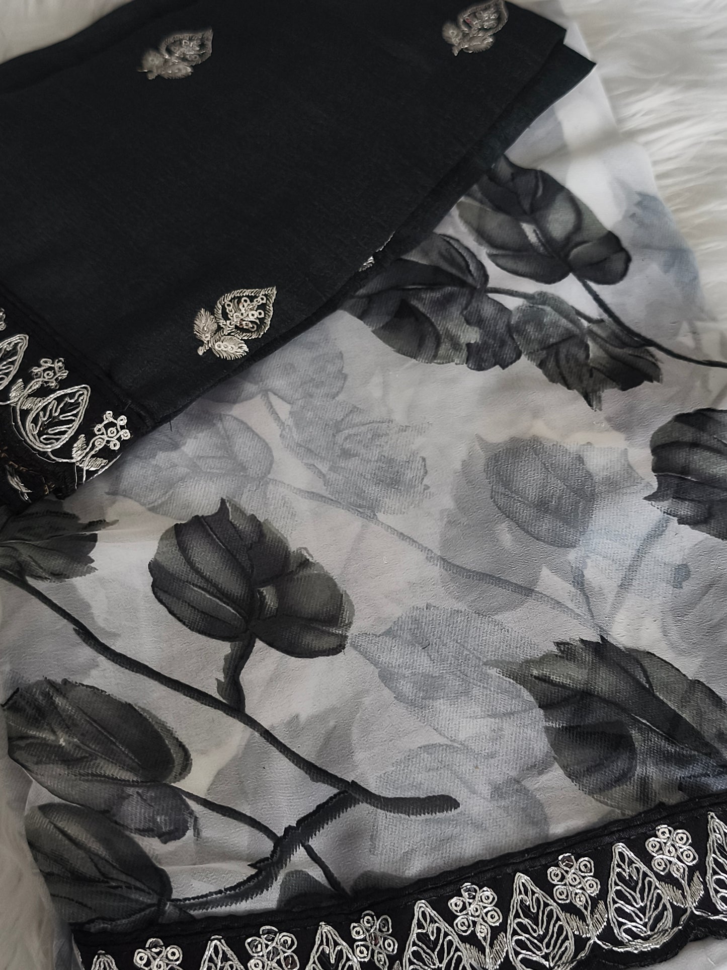 Black Leaf Design Soft Chiffon Georgette Party Saree with black contrast blouse