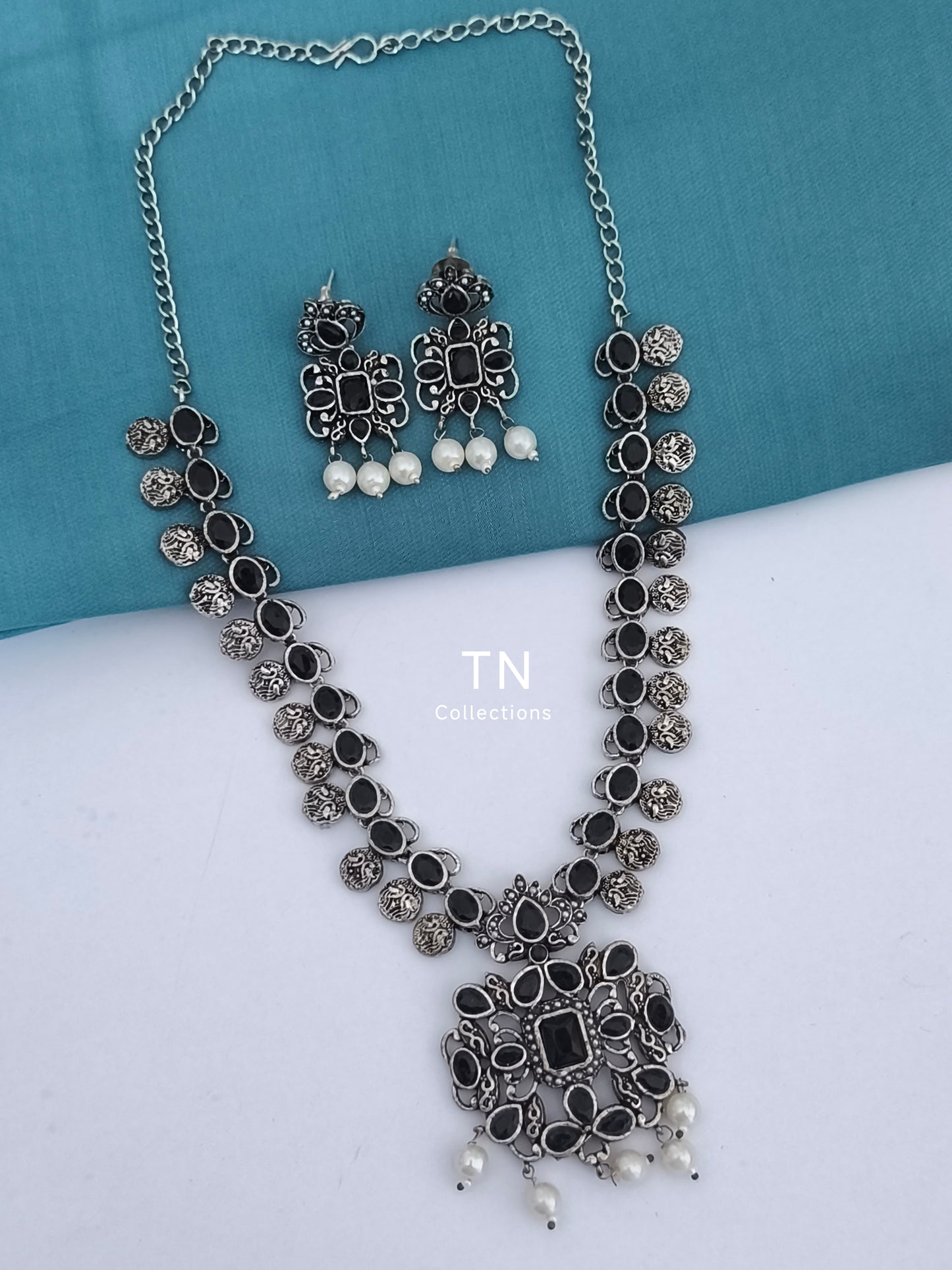 Oxidised Necklace Set- Black Stone