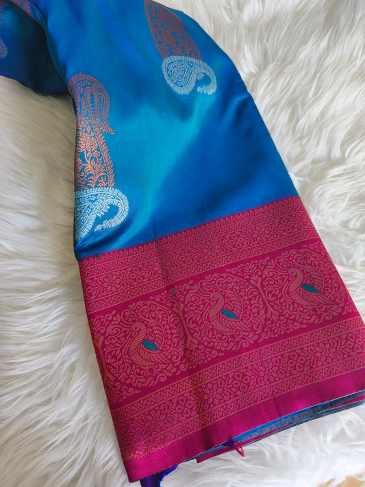 Peacock blue Kanchi Soft Silk Saree with contrast blouse and rich pallu