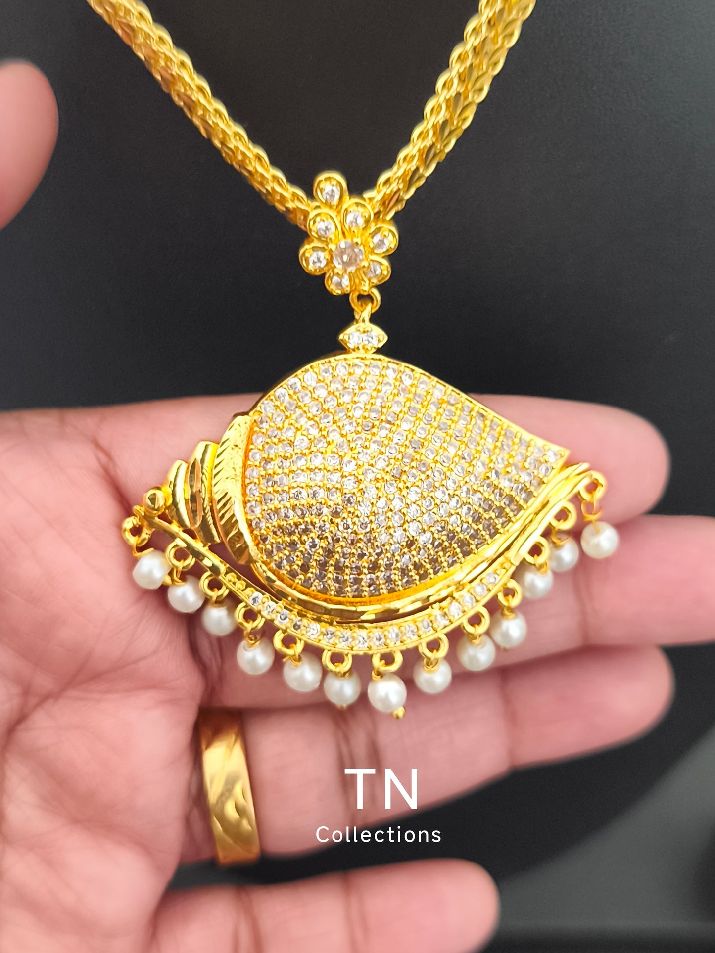 Traditional Micro gold plated Sangu design Attiyal/Attigai (Full White stones)