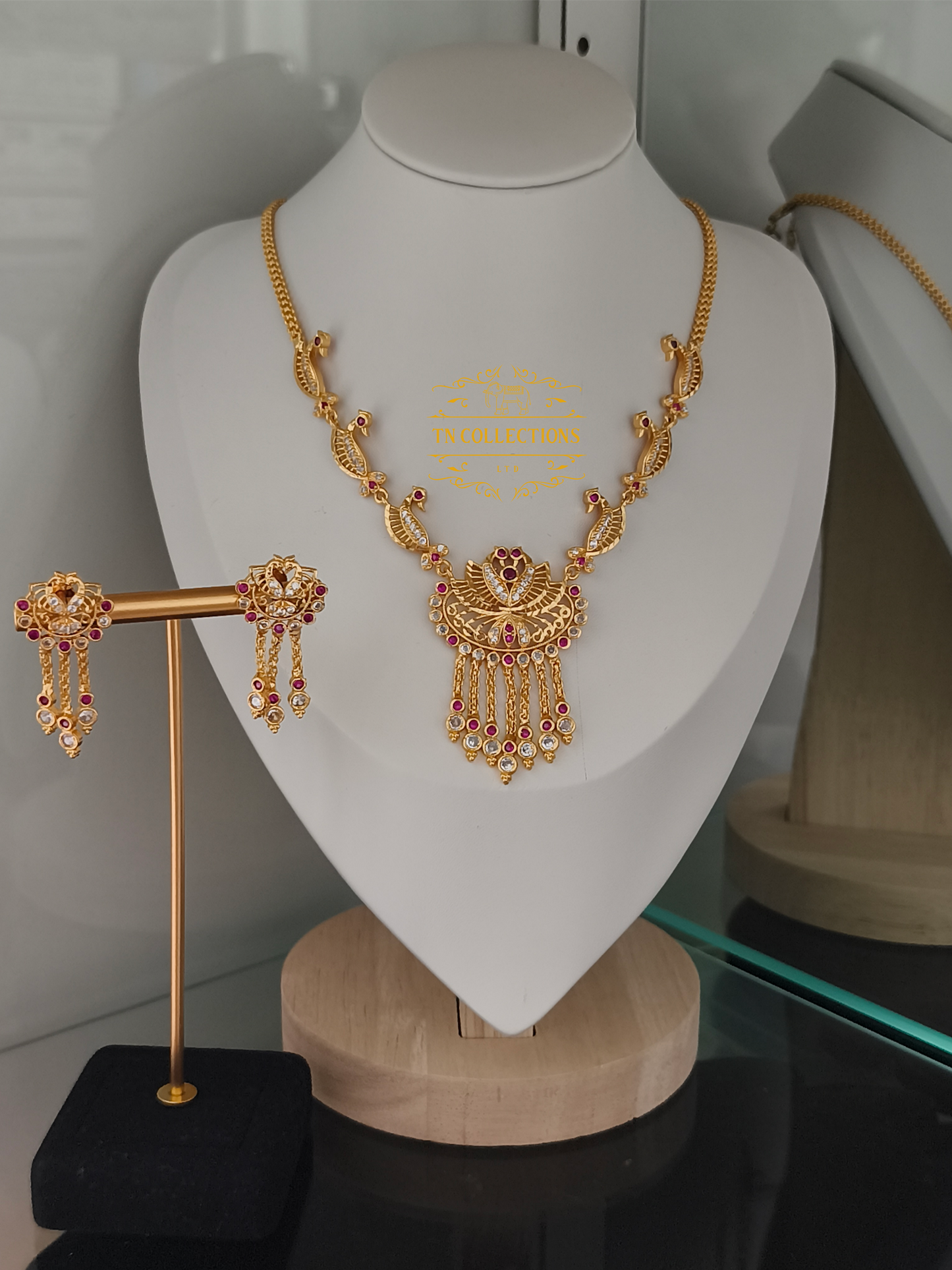 Micro Gold-Plated Traditional Peacock Design Necklace Set (Ruby & White stones)