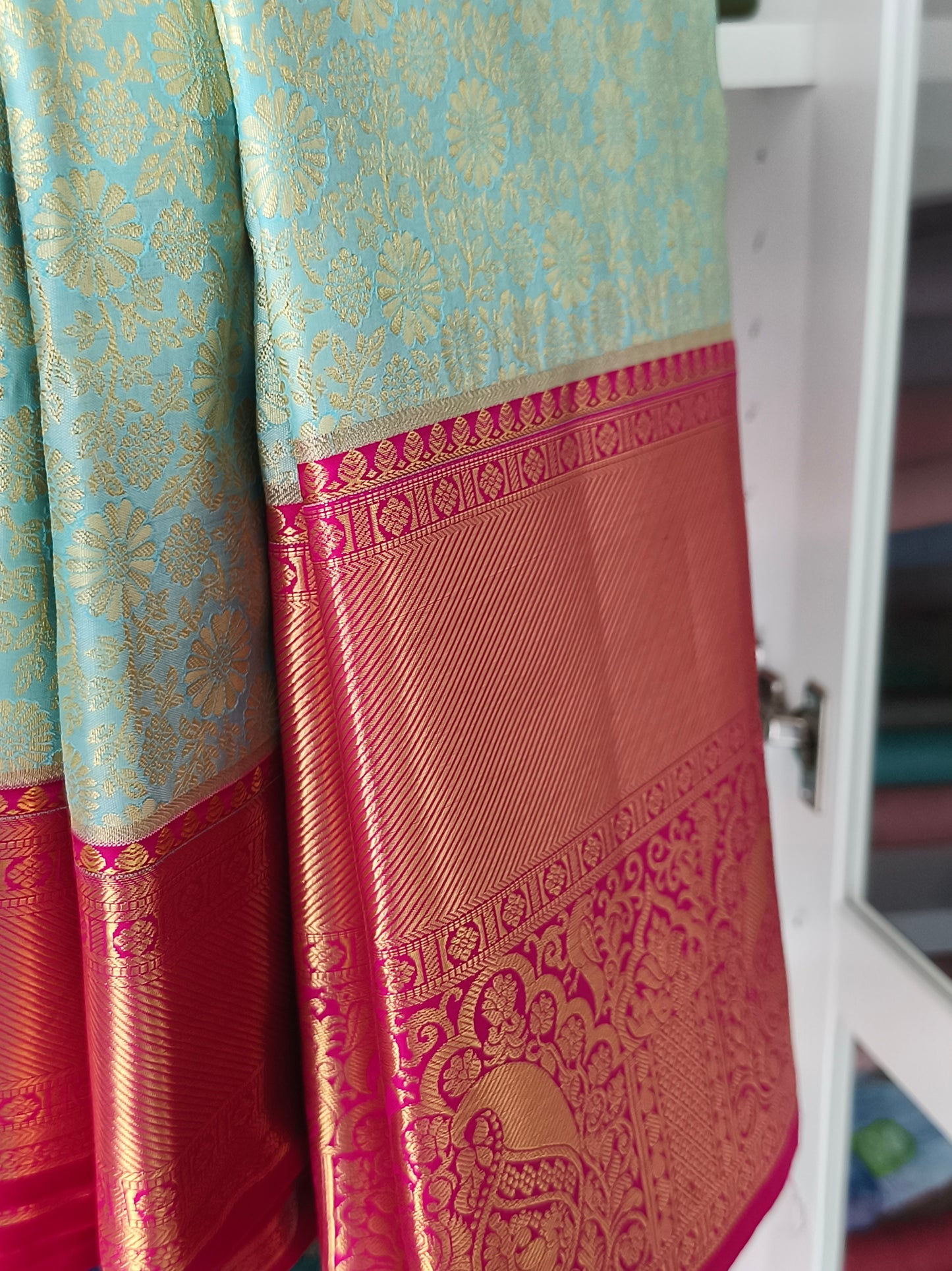 Traditional Semi Kanchipuram Silk saree with contrast blouse