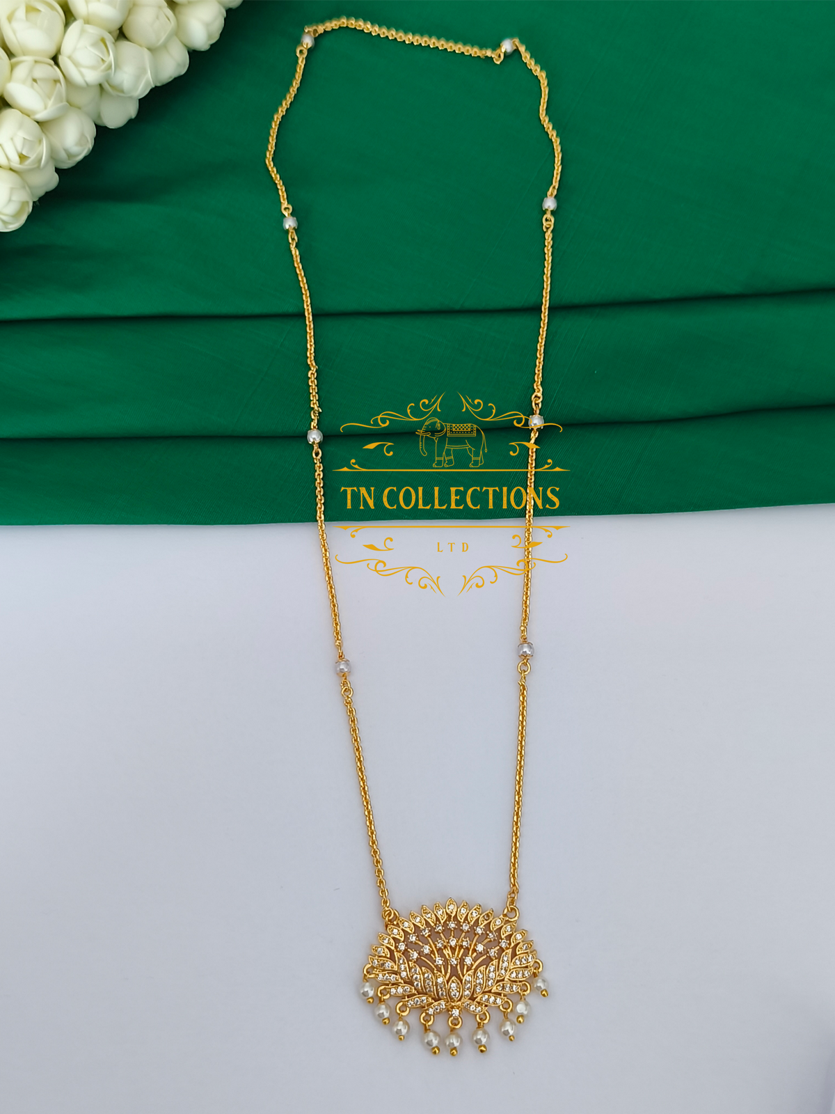 Micro Gold-Plated Floral design Pendant with Pearl chain (Full white stones)