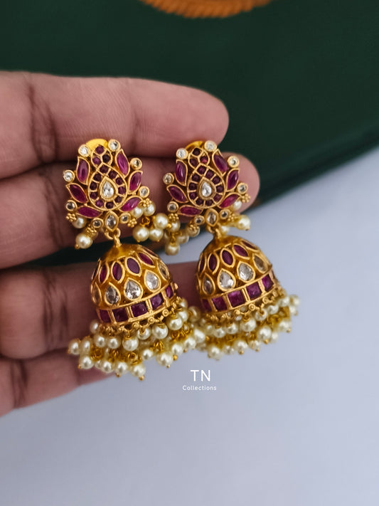 Guttapusalu Lotus Earrings (Ruby and white)