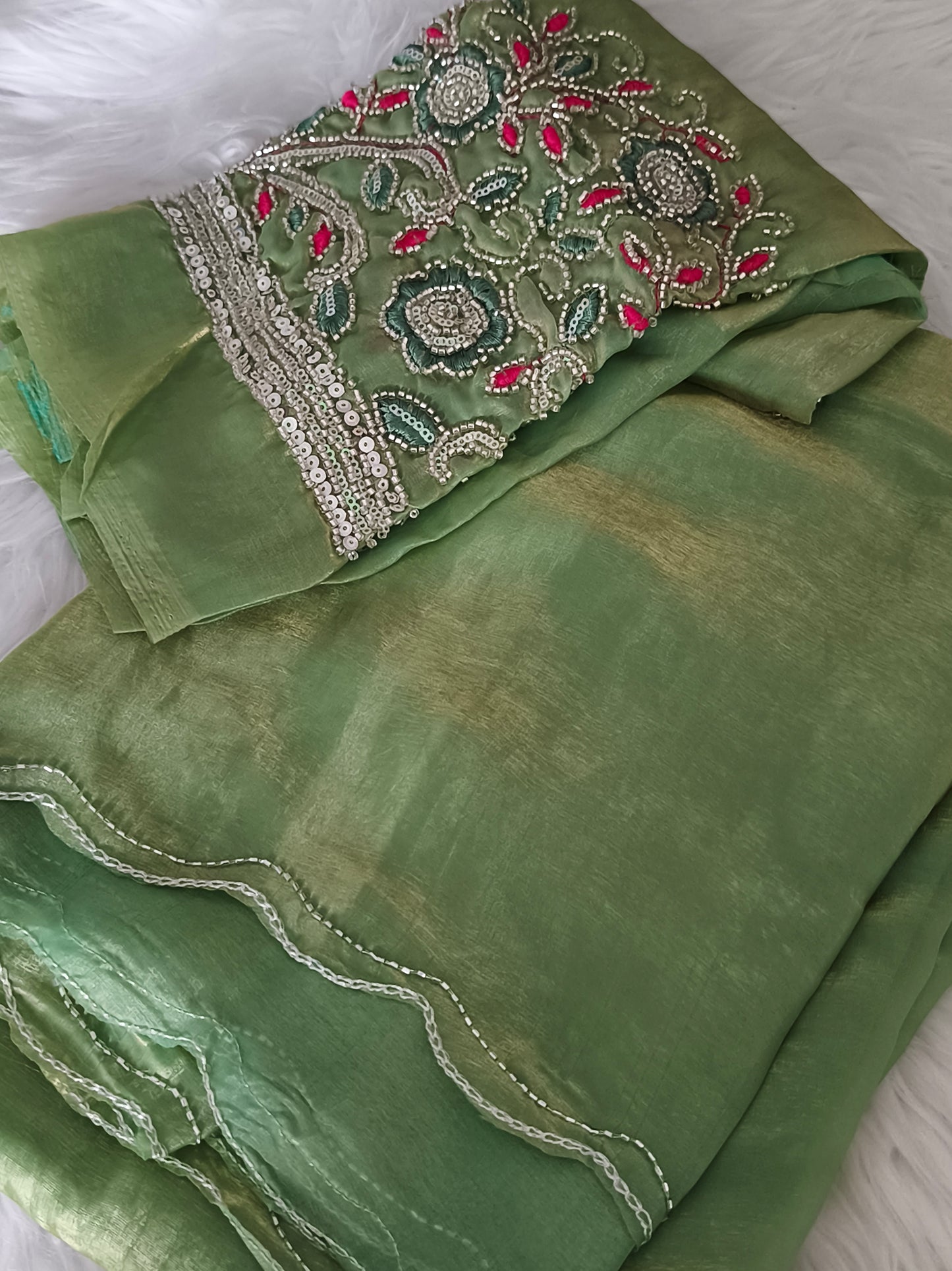 Light Green Soft and Silky Space Silk party saree with Designer blouse