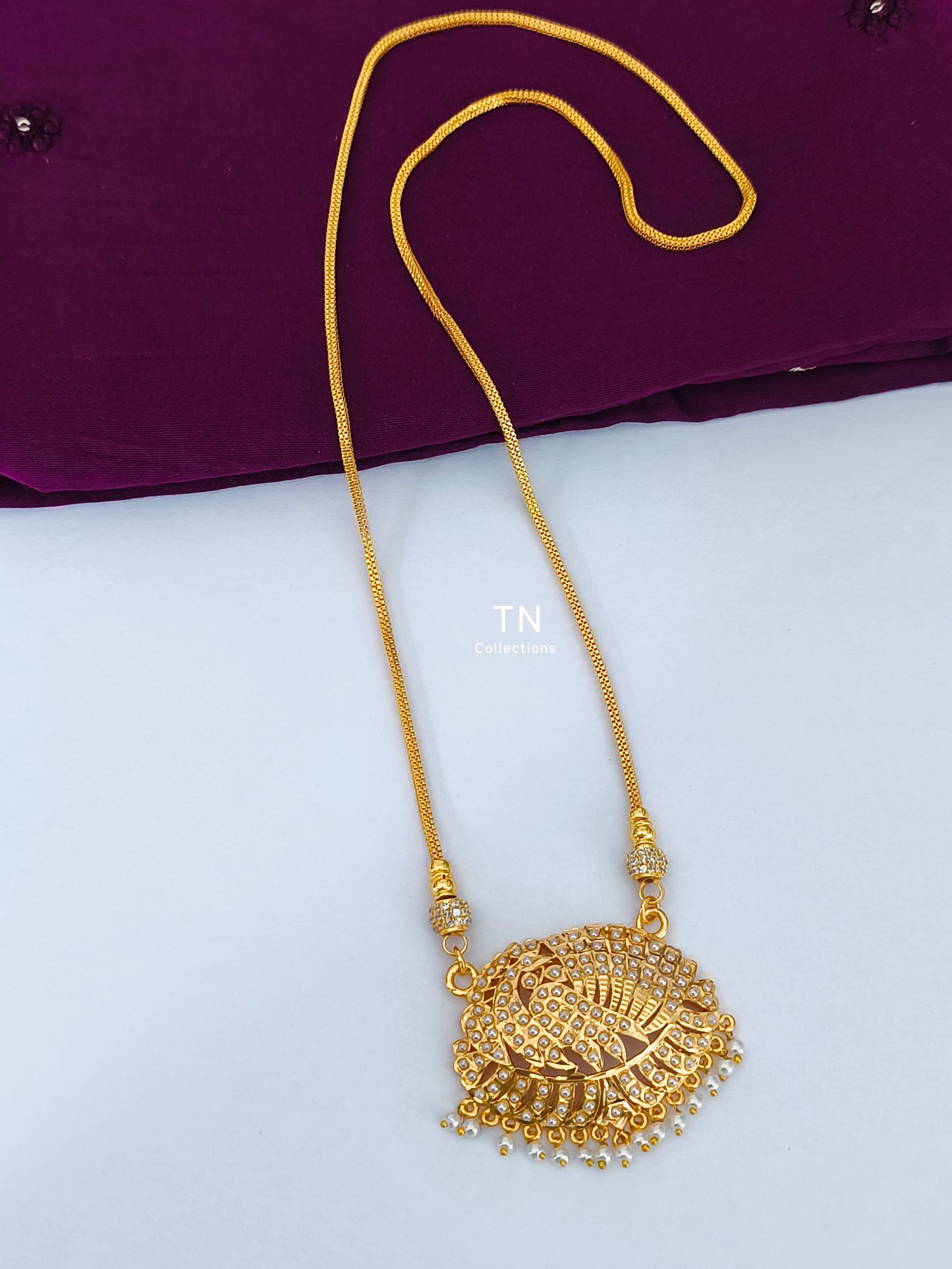 Micro gold plated Peacock Design Pathakkam with chain ( White Pearls & Stones)