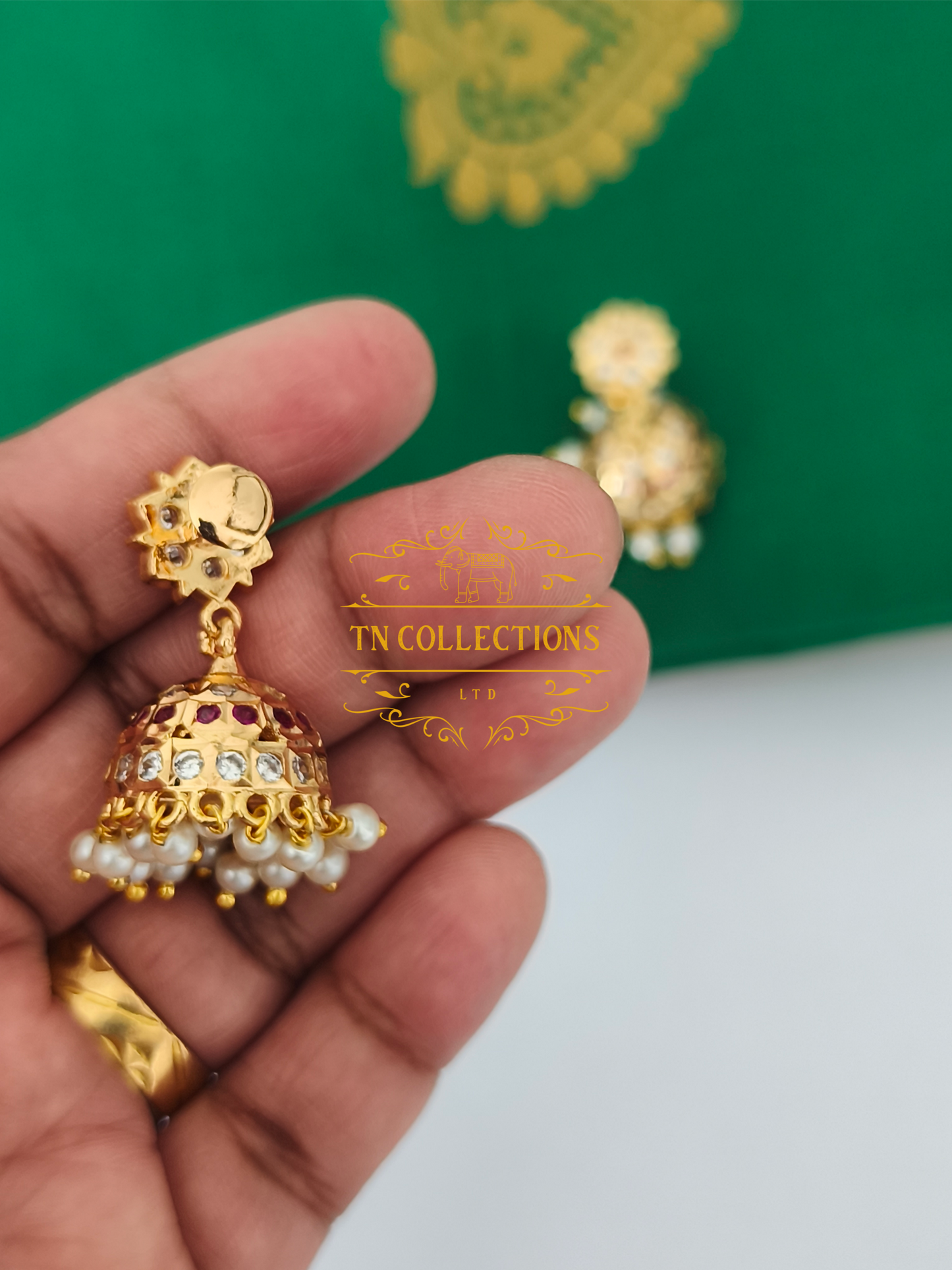 Impon Micro gold plated Earrings/Jhumka (Ruby &White stones)