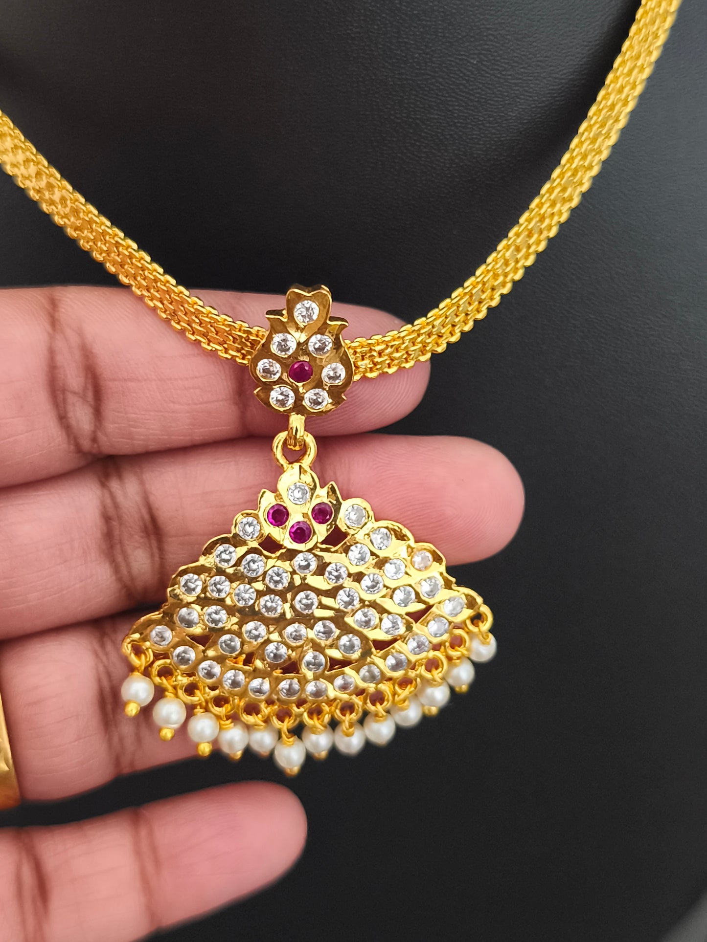 Traditional Micro gold plated Attiyal with earrings (Ruby & White stones)