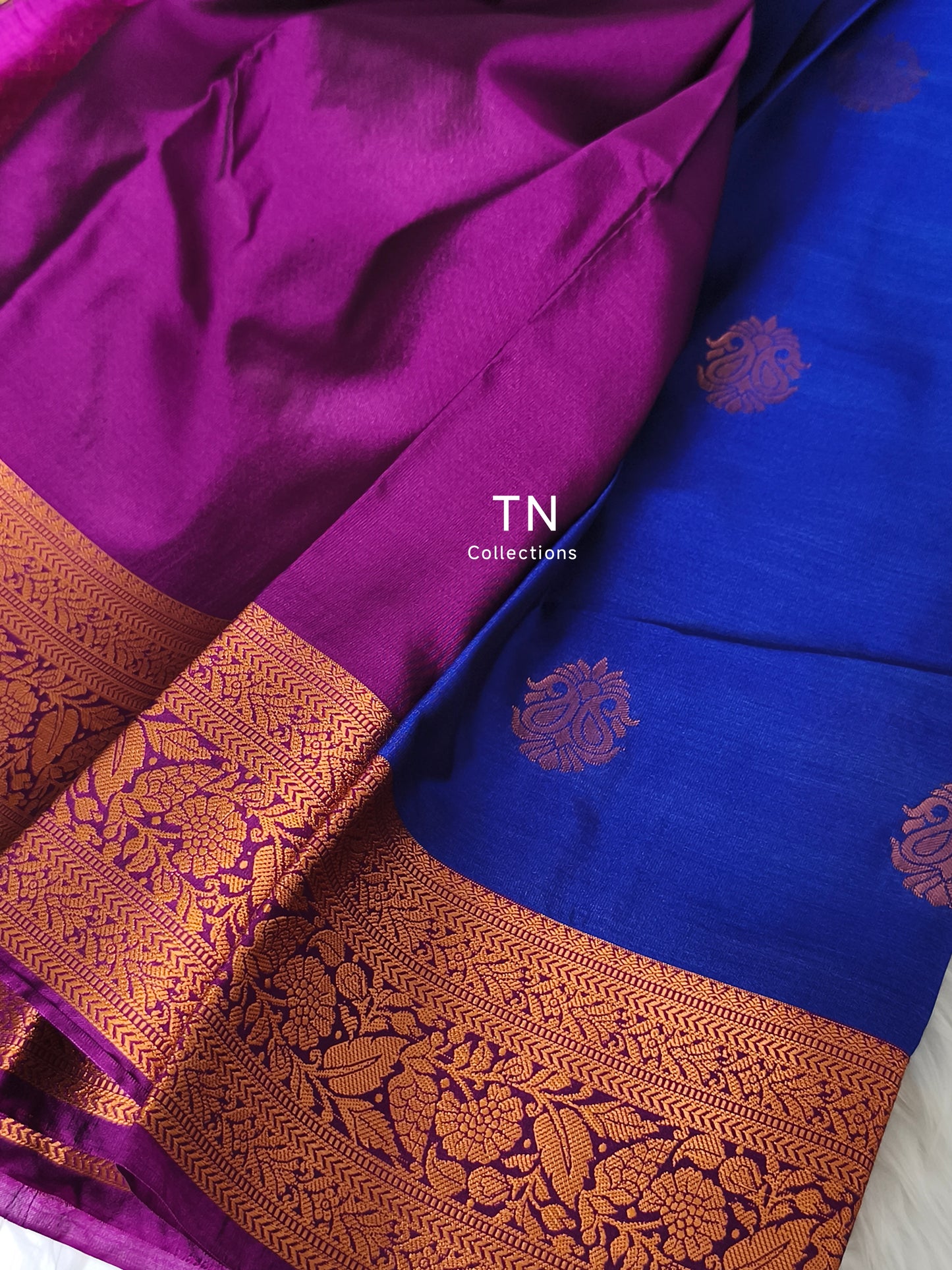 Blue Premium Kanchi Semi Silk saree with contrast blouse