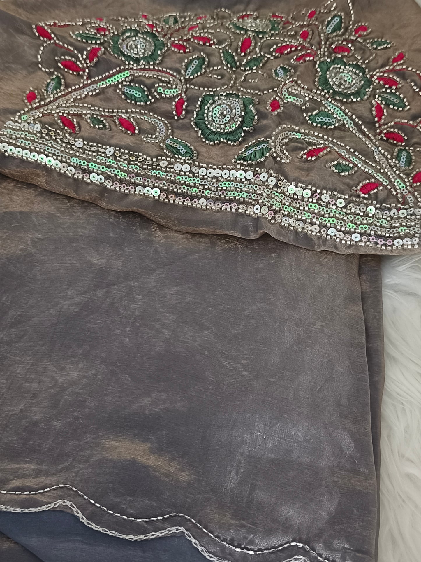 Grey Light Green Soft and Silky Space Silk party saree with Designer blouse