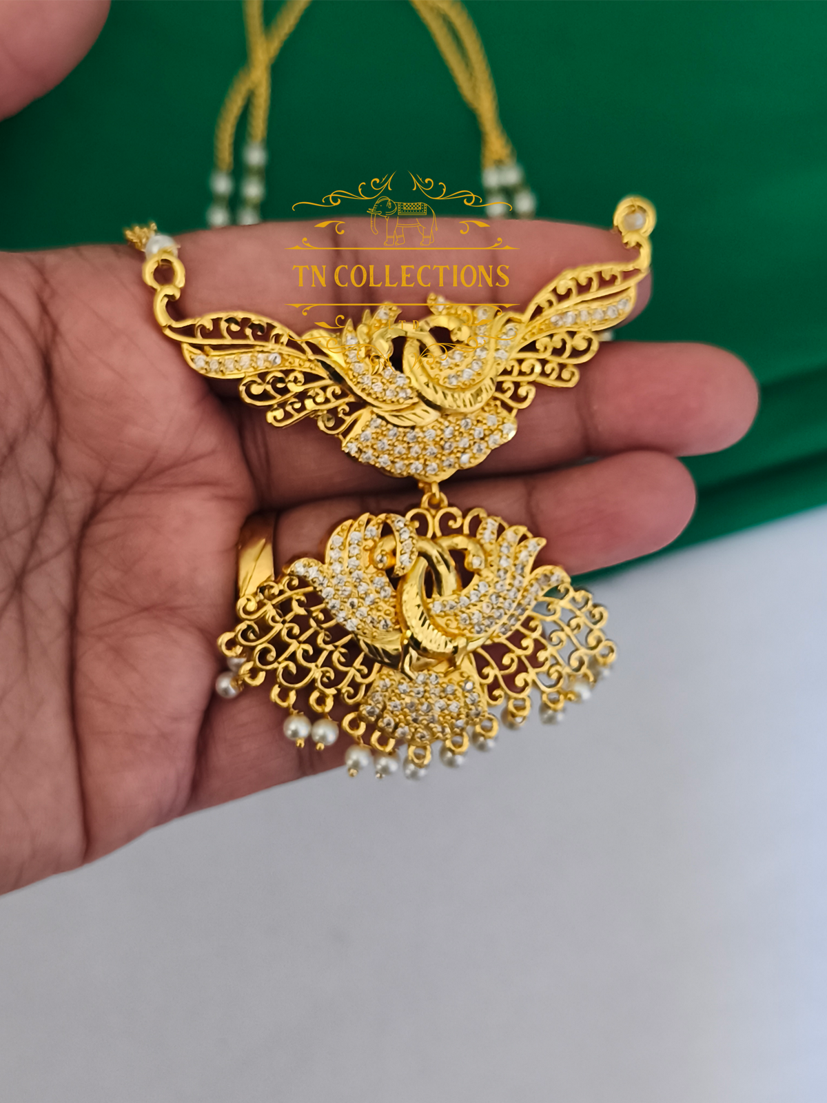Micro Gold-Plated Traditional Pathakkam with Pearl Chain (Full white stones)