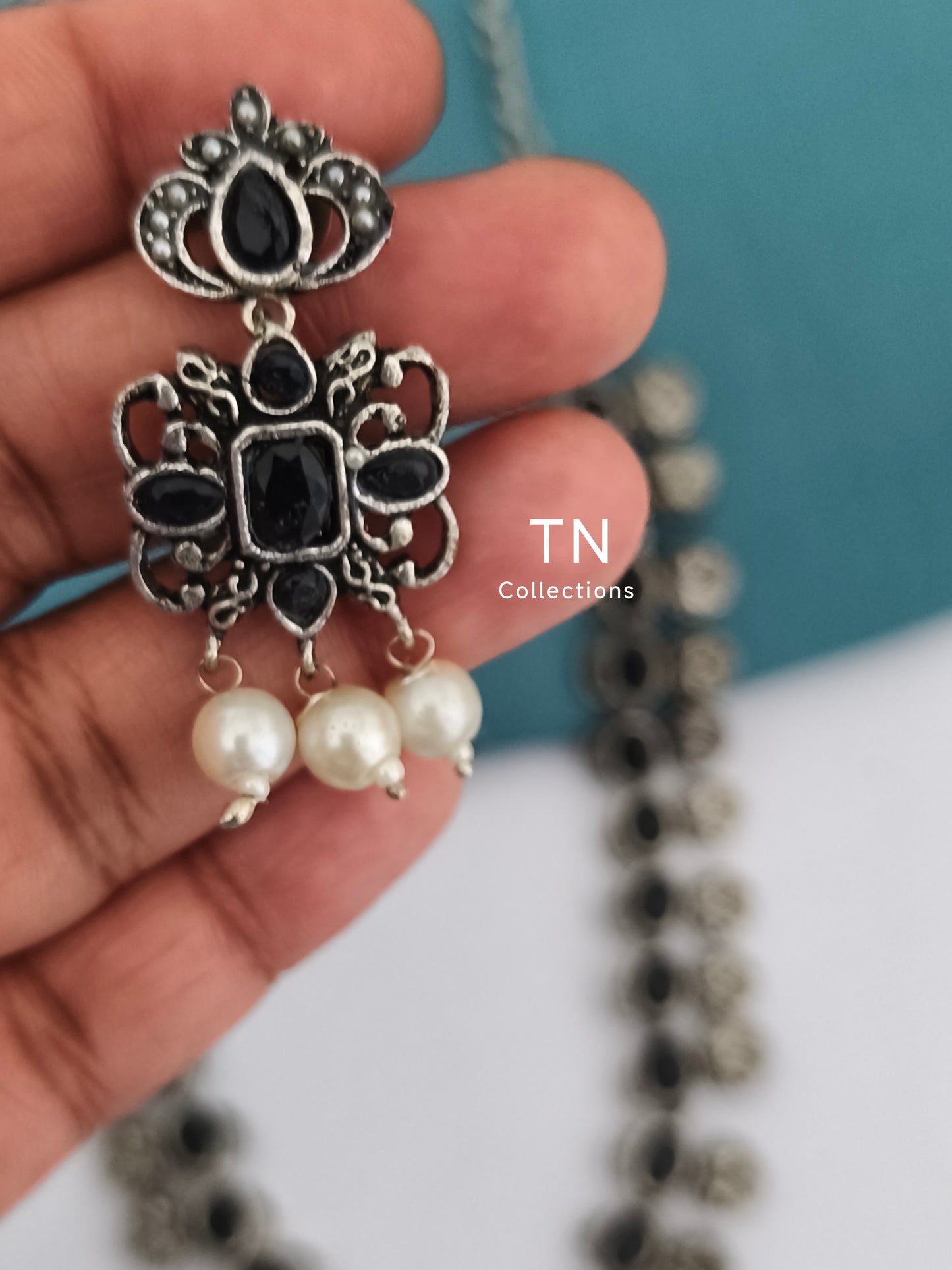 Oxidised Necklace Set- Black Stone