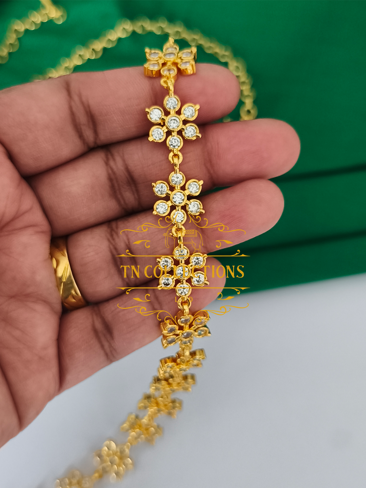 Micro Gold Finish CZ Floral Hip Chain (Full white stones)