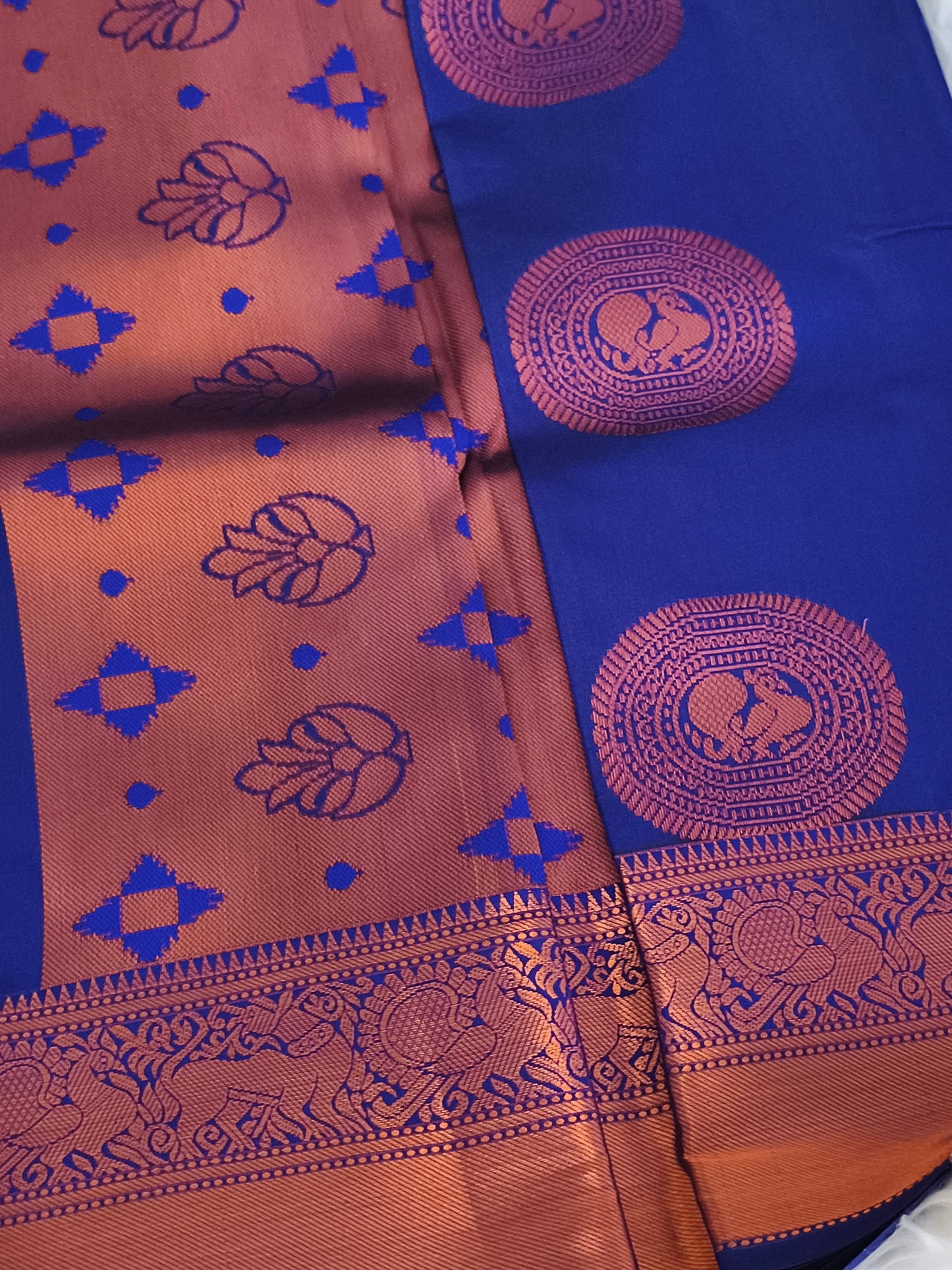 Royal Blue Traditional Kanchi embossed Soft Silk saree