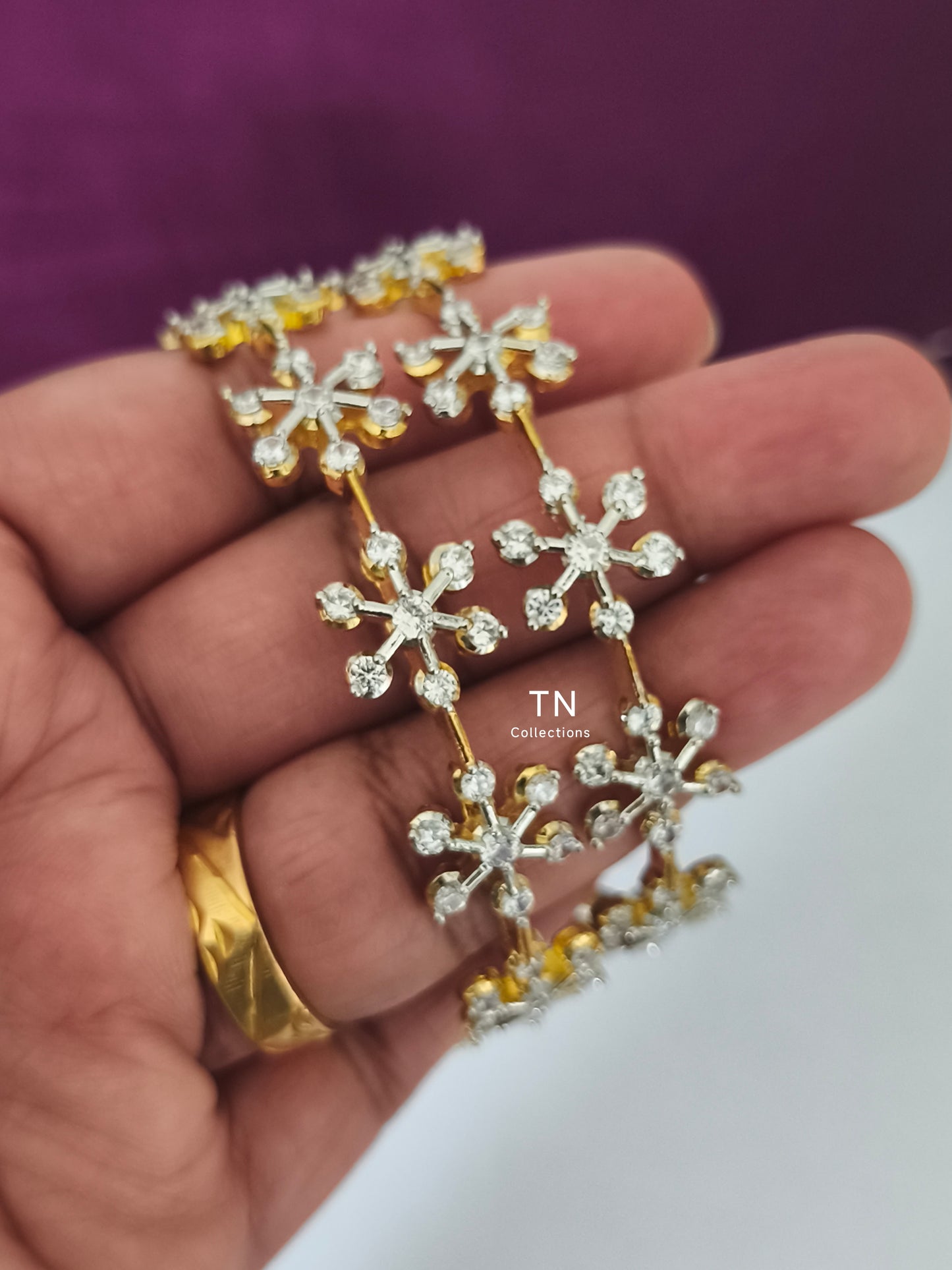 Gold plated Full white stone Floral Bangles set (Size 2.6)