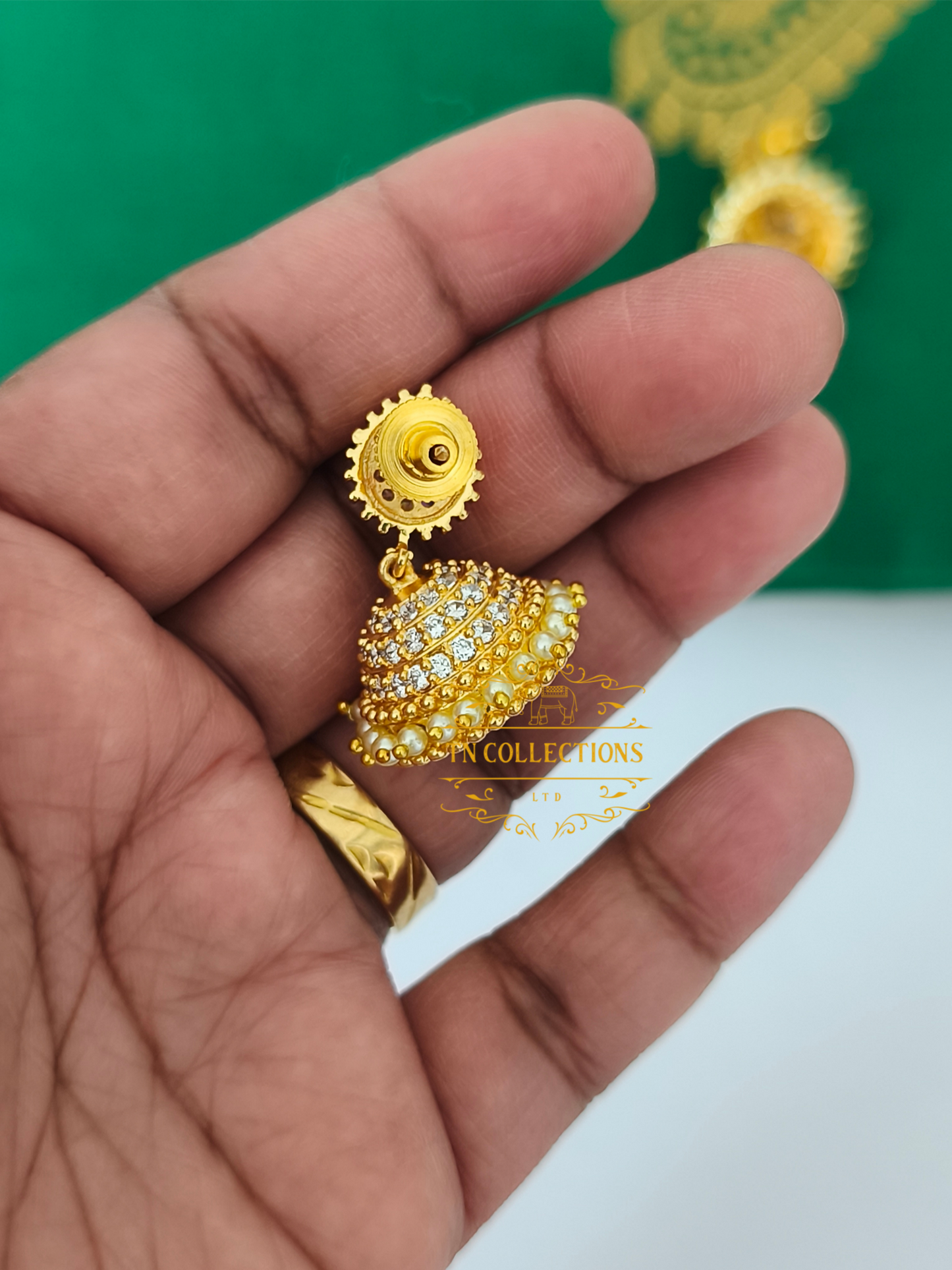 Micro Gold plated Jhumkas (Full White stones)