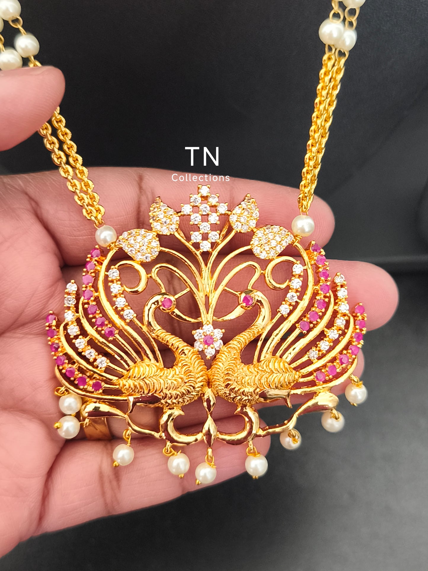 Micro gold plated Peacock Design Pathakkam with pearl chain