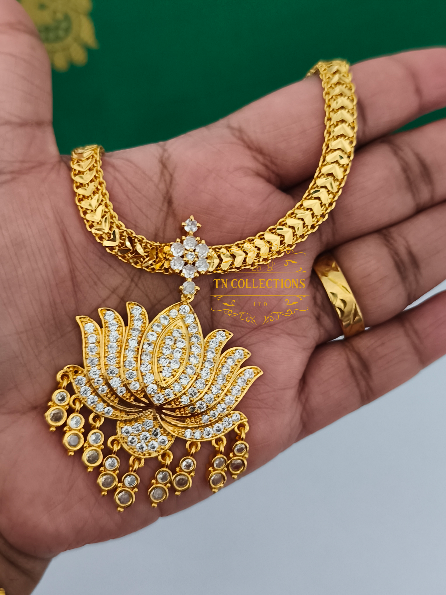 Micro Gold plated Lotus Necklace (Full White stones)