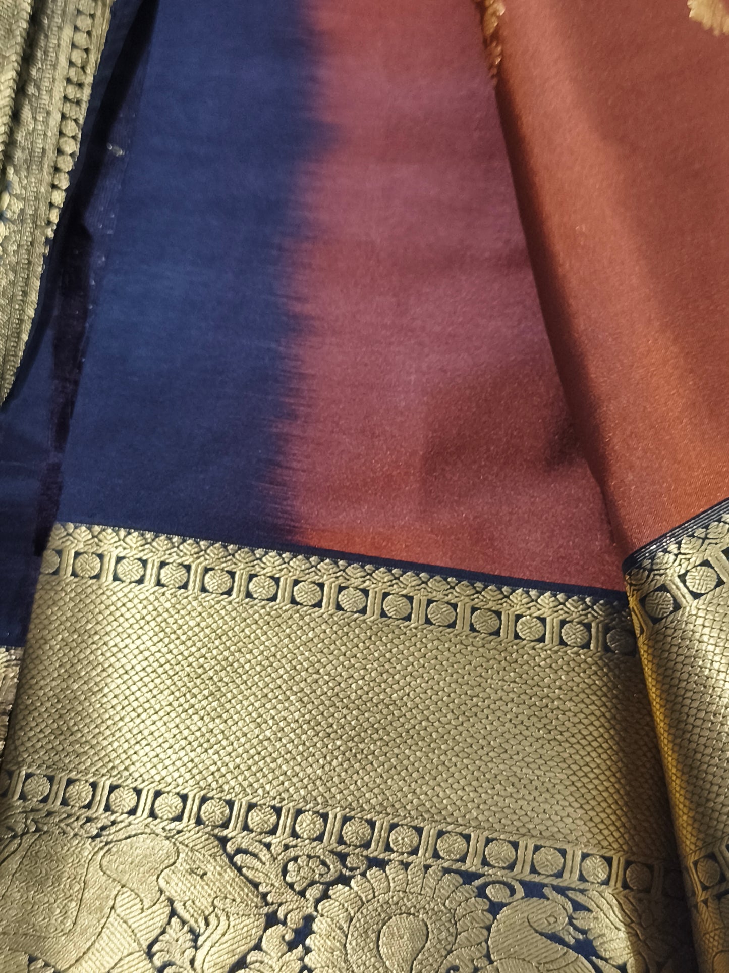 Trendy Vintage Rusty Orange with Dark Brown Kanchi Semi silk saree