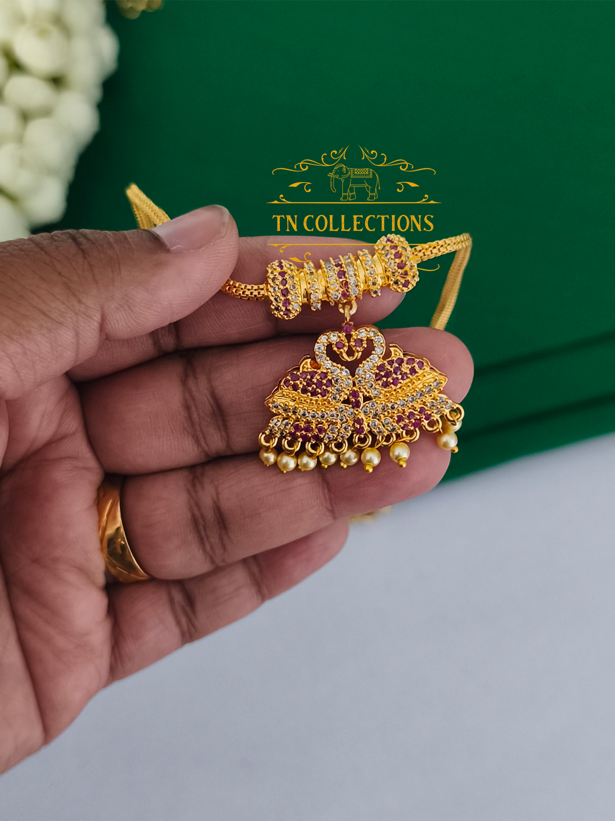Micro Gold-Plated Attiyal Pathakkam Set (Ruby & White Stones)