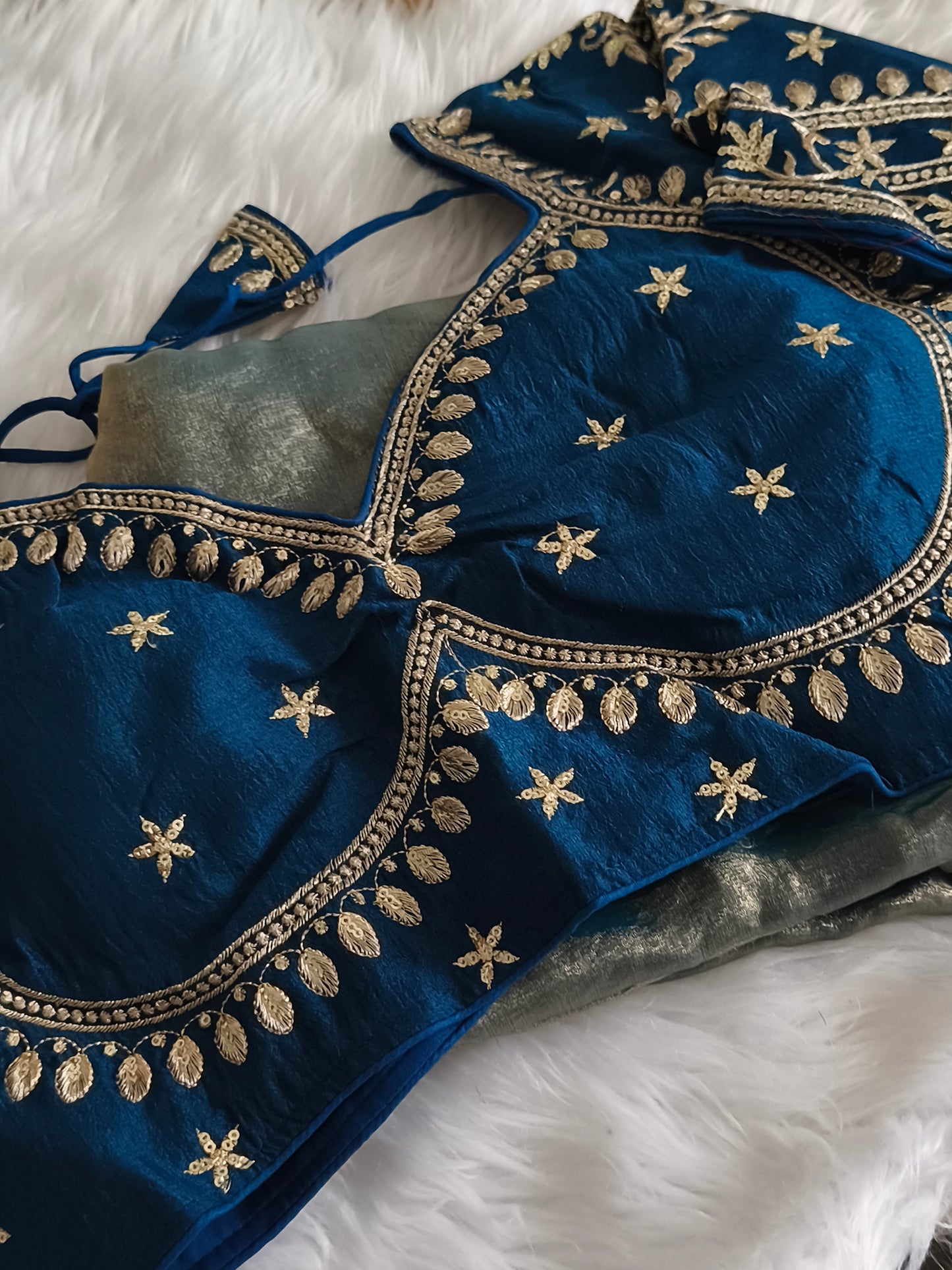 Blue Soft and shiny Space silk saree with Readymade Blouse