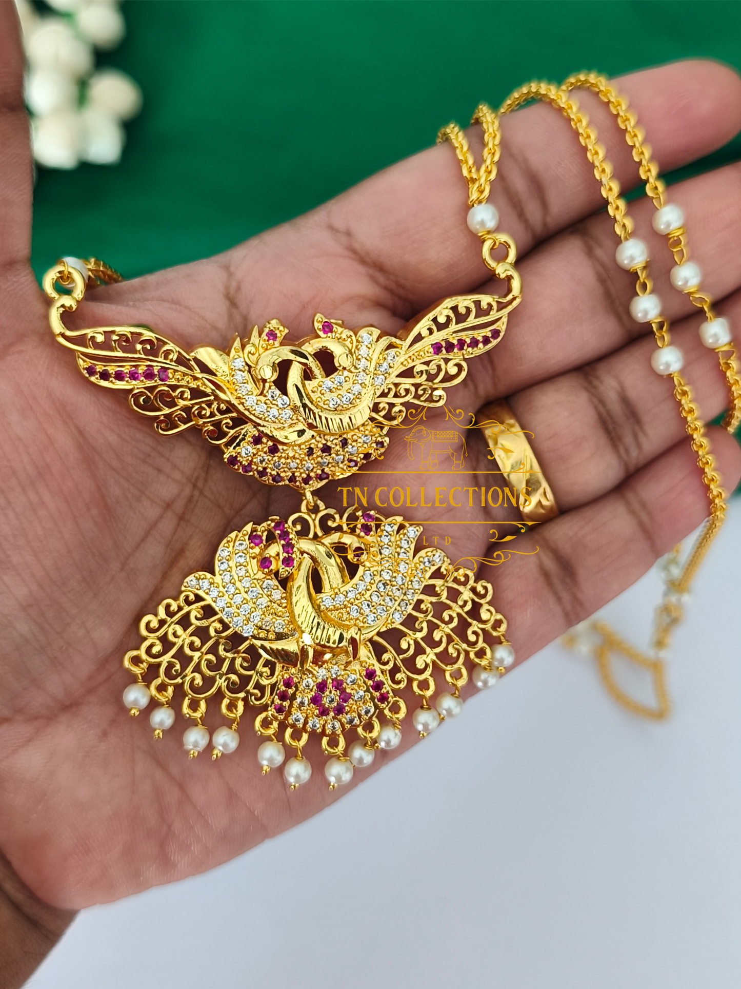 Micro Gold-Plated Traditional Pathakkam with Pearl Chain (Ruby & White stones)