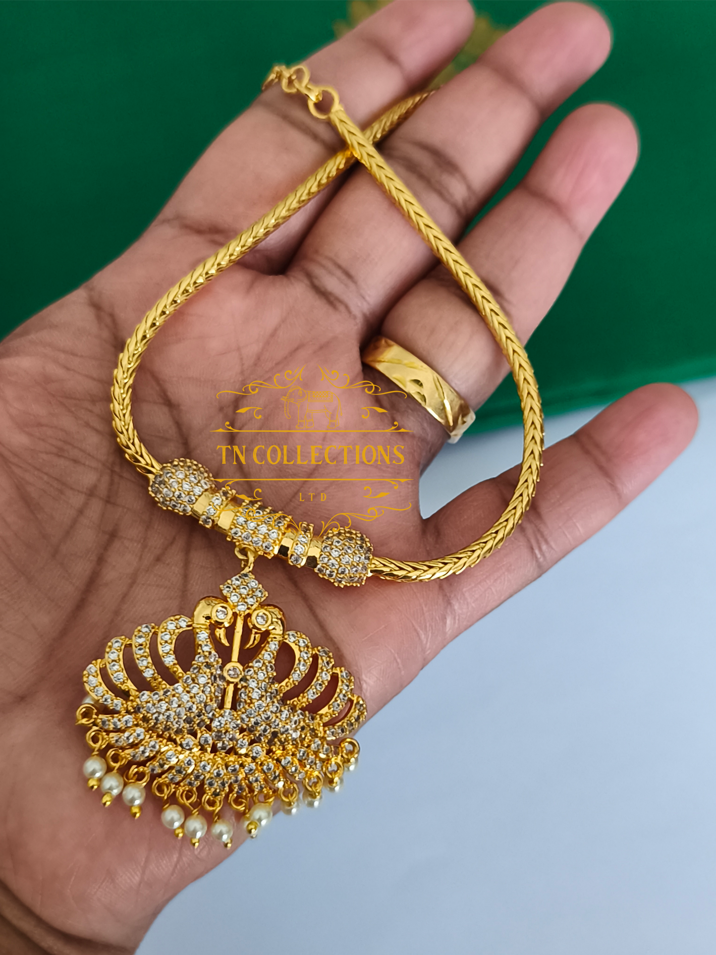 Micro Gold-Plated Peacock Attiyal (Full white stones)