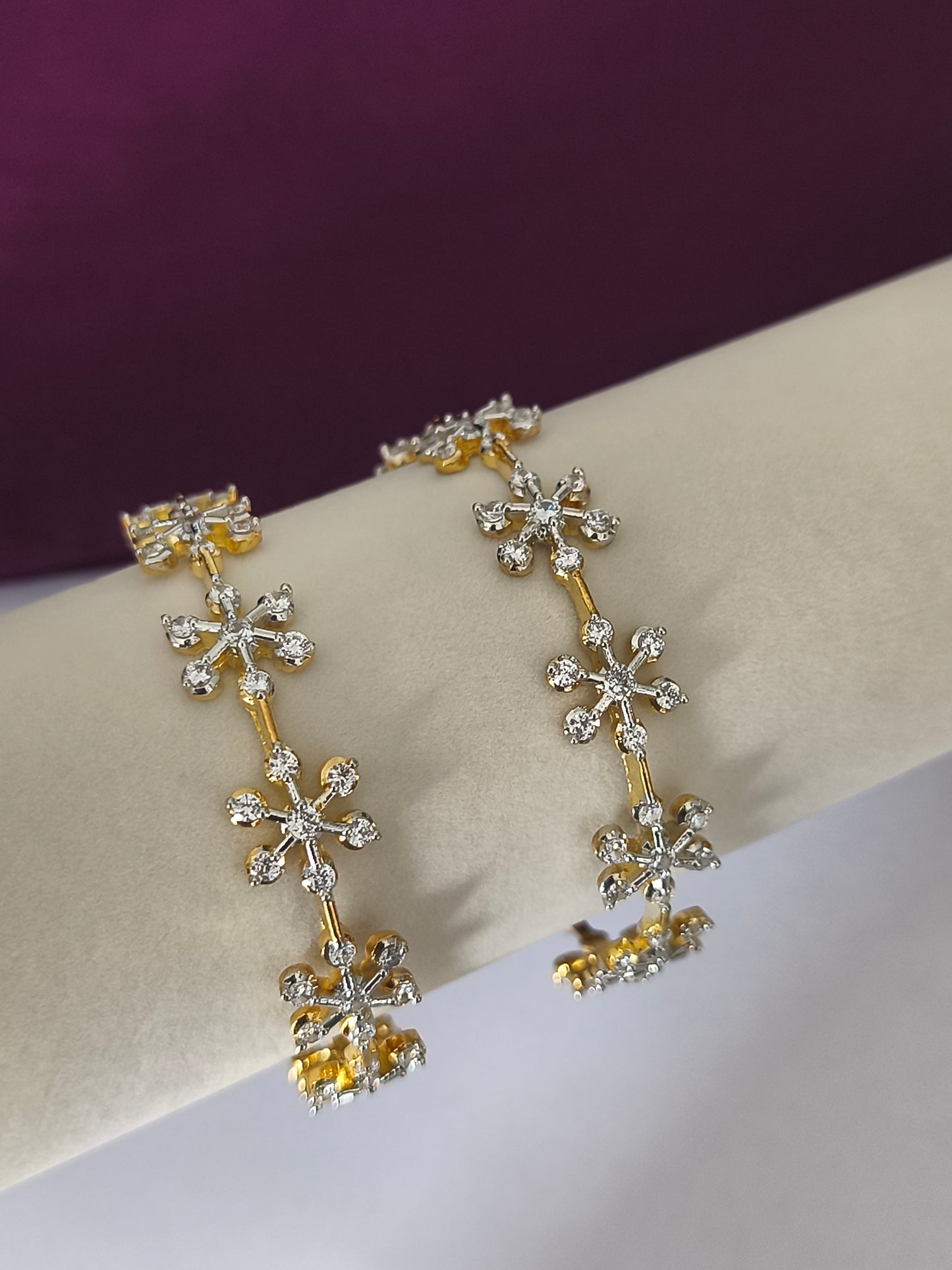 Gold plated Full white stone Floral Bangles set (Size 2.6)