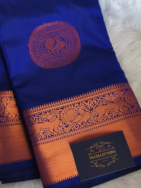 Royal Blue Traditional Kanchi embossed Soft Silk saree