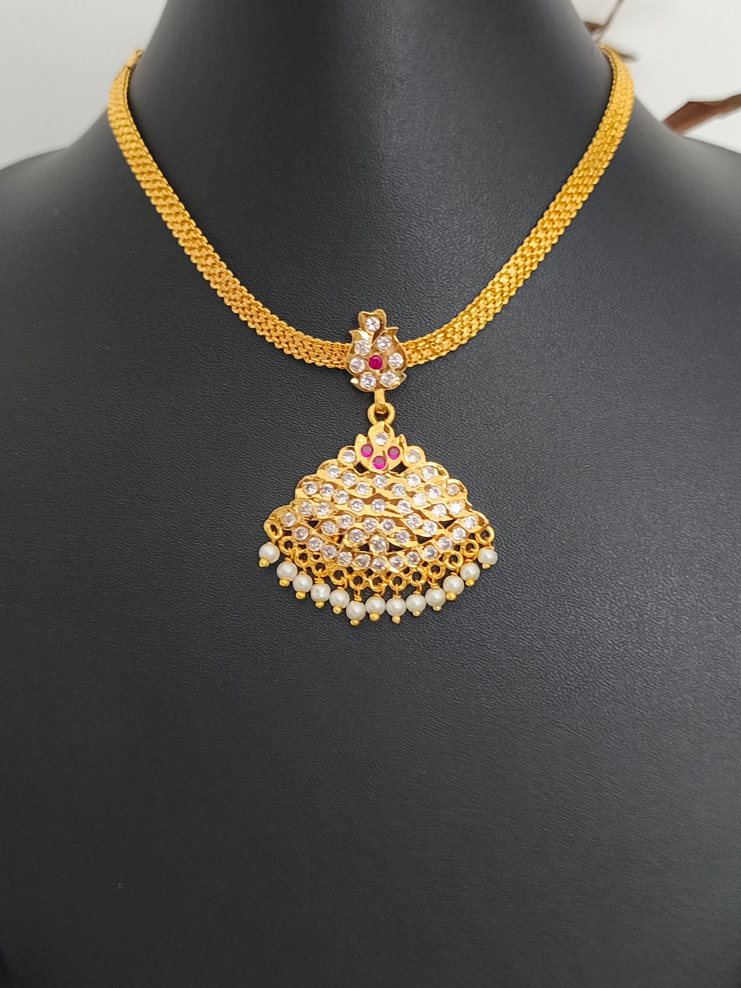 Traditional Micro gold plated Attiyal with earrings (Ruby & White stones)