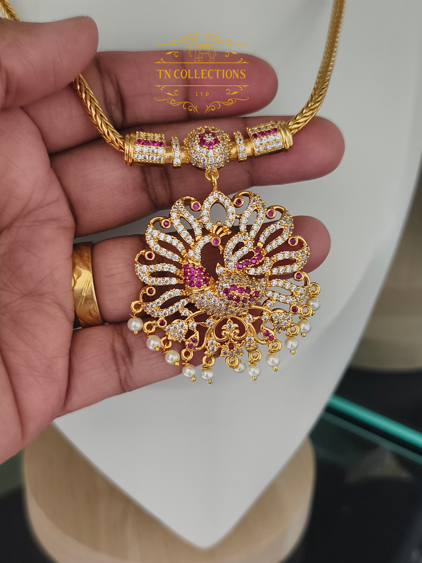 Micro Gold-Plated Peacock Attiyal (Ruby & White stones)