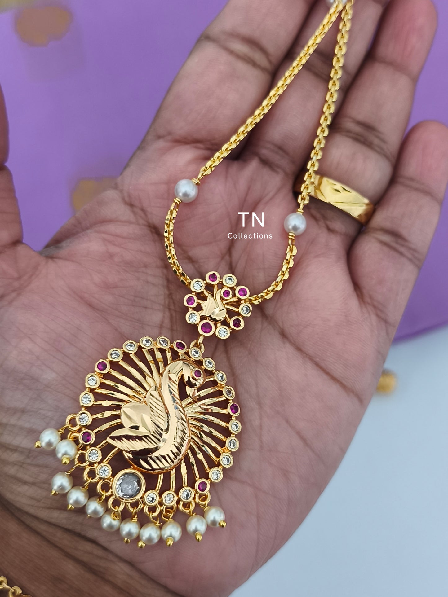 Micro gold plated Pearl chain with Peacock Design Pendant