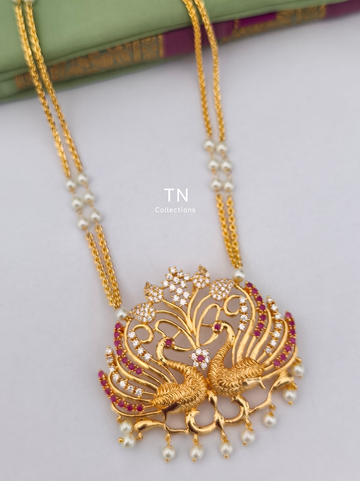 Micro gold plated Peacock Design Pathakkam with pearl chain