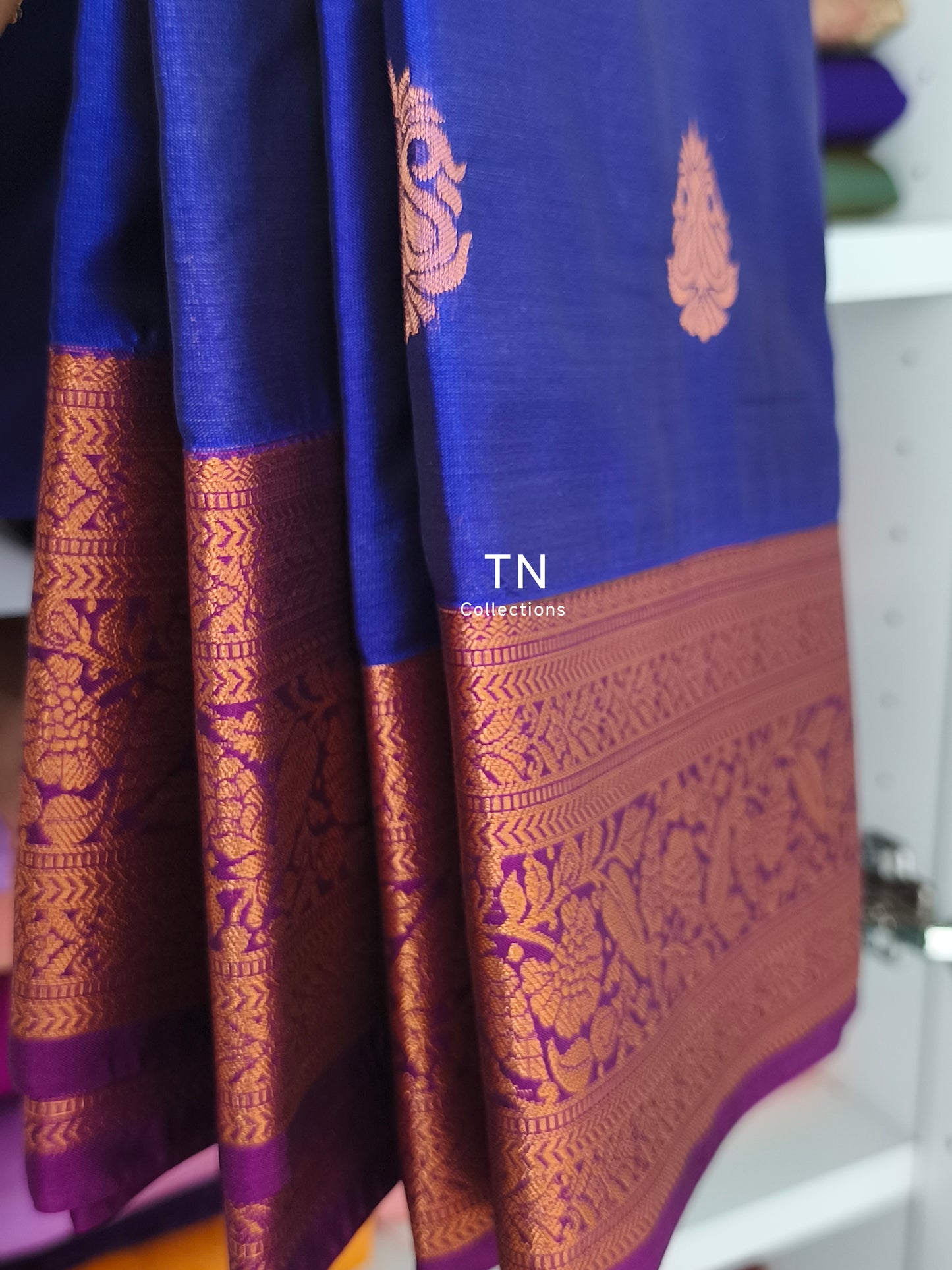 Blue Premium Kanchi Semi Silk saree with contrast blouse