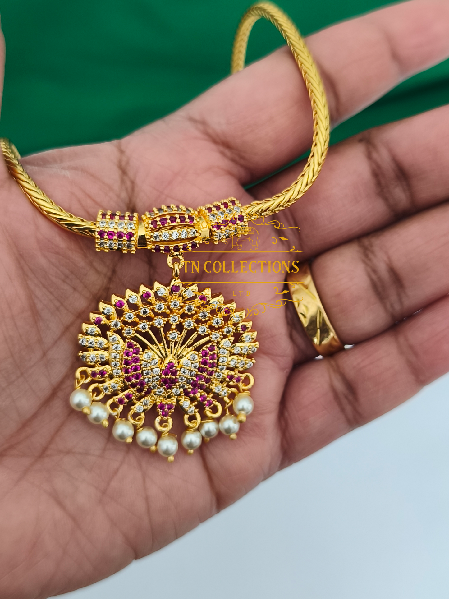 Micro Gold-Plated Traditional Necklace (Ruby & White stones)