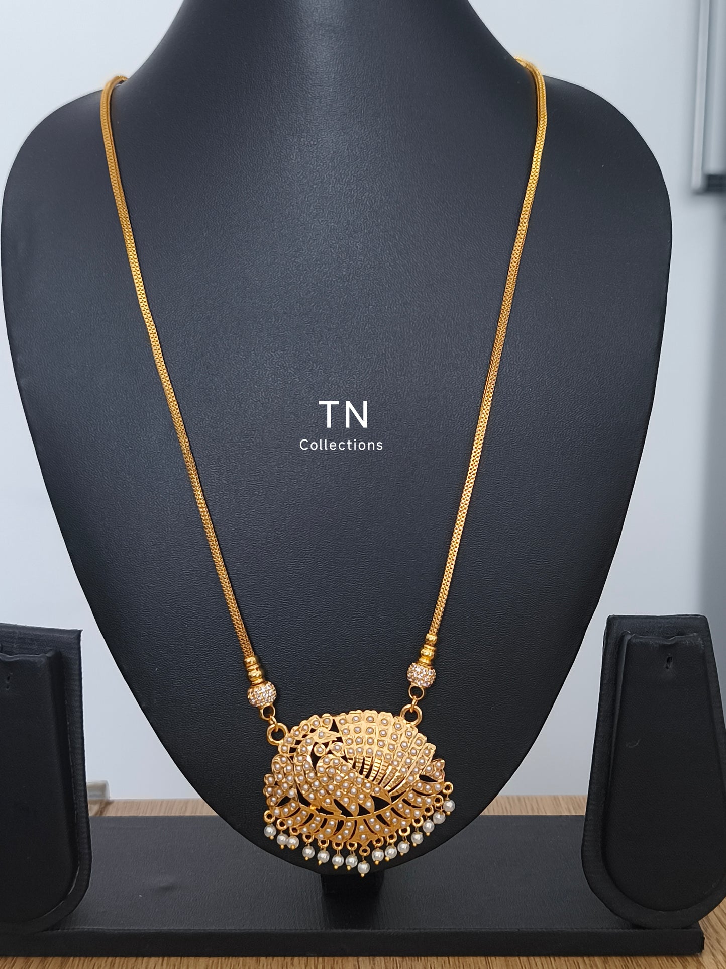 Micro gold plated Peacock Design Pathakkam with chain ( White Pearls & Stones)